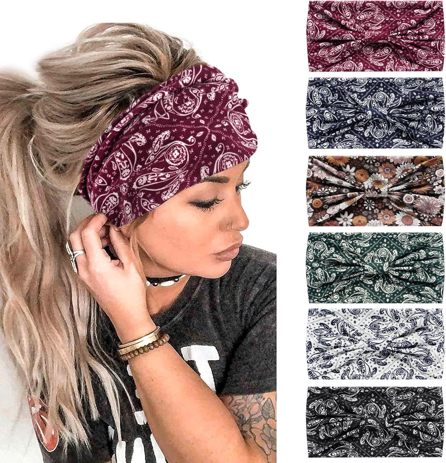 6Pcs Headbands for Women Wide Knotted Turban Bandana Boho Head Scarfs Wraps Yoga Hairbands Fabric Elastic Headband Sport Running Headscarves - Butterfly Headband image number 3
