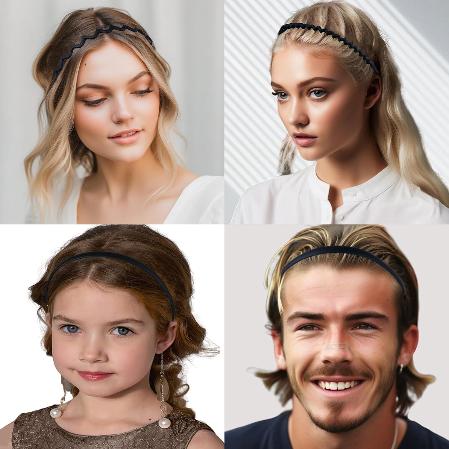Dazzhues 8Pcs Headband with Sharks Teeth Comb - Matte Black Fashion Hair Accessories for Women and Men