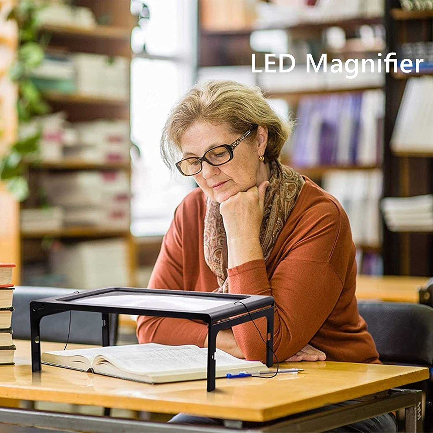 Full Page Magnifier Magnifying Lens Rectangular 3X with 4 LED Lights Illumination Neck Cord Fold Handheld Hands-Free Magnifier with Stand Ideal for Seniors,Children,Low Vision,Reading Books,Newspapers image number 1