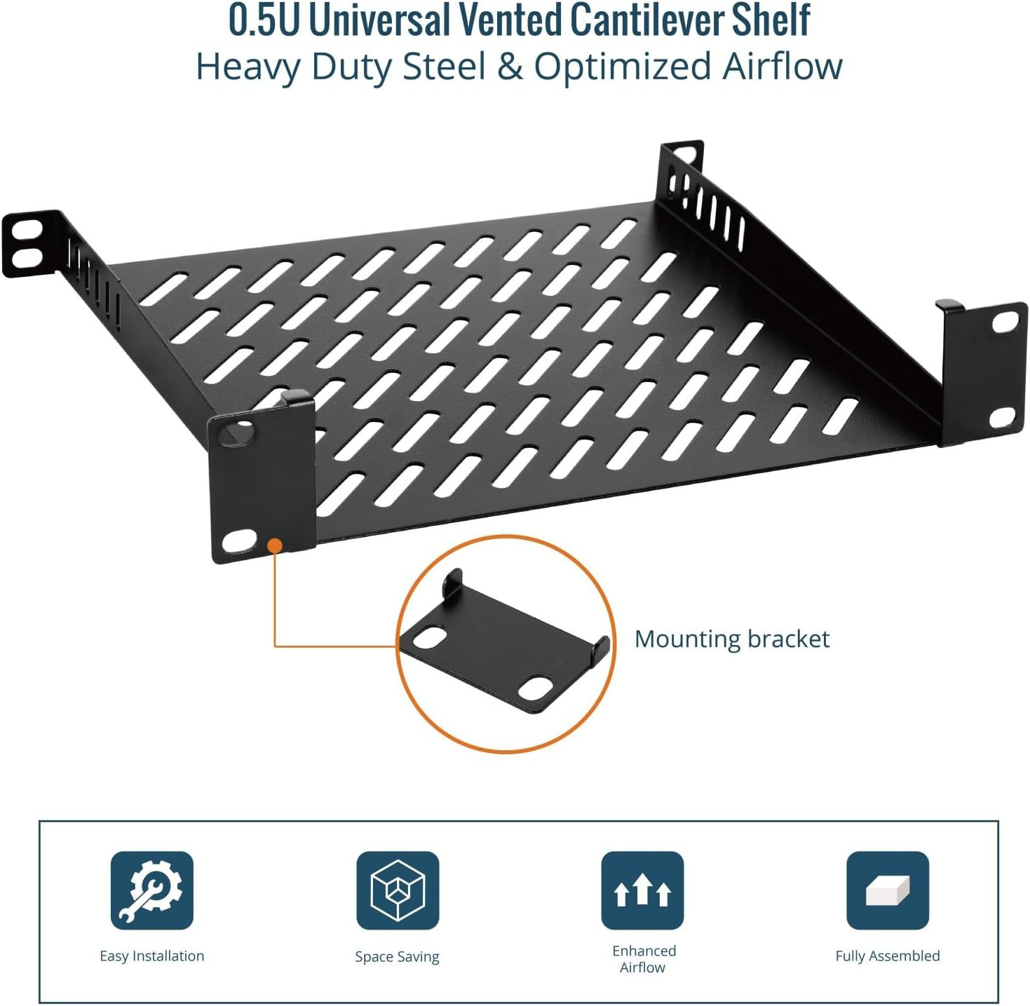 Tecmojo 2 Pack 0.5U Rack Shelf, 10 Inch 200Mm Depth Server Rack Mount Shelf Vented Cantilever Tray, Metal Shelves for 10 Inch Server & Network Cabinet, Weight Capacity 10 Kg, Black image number 1