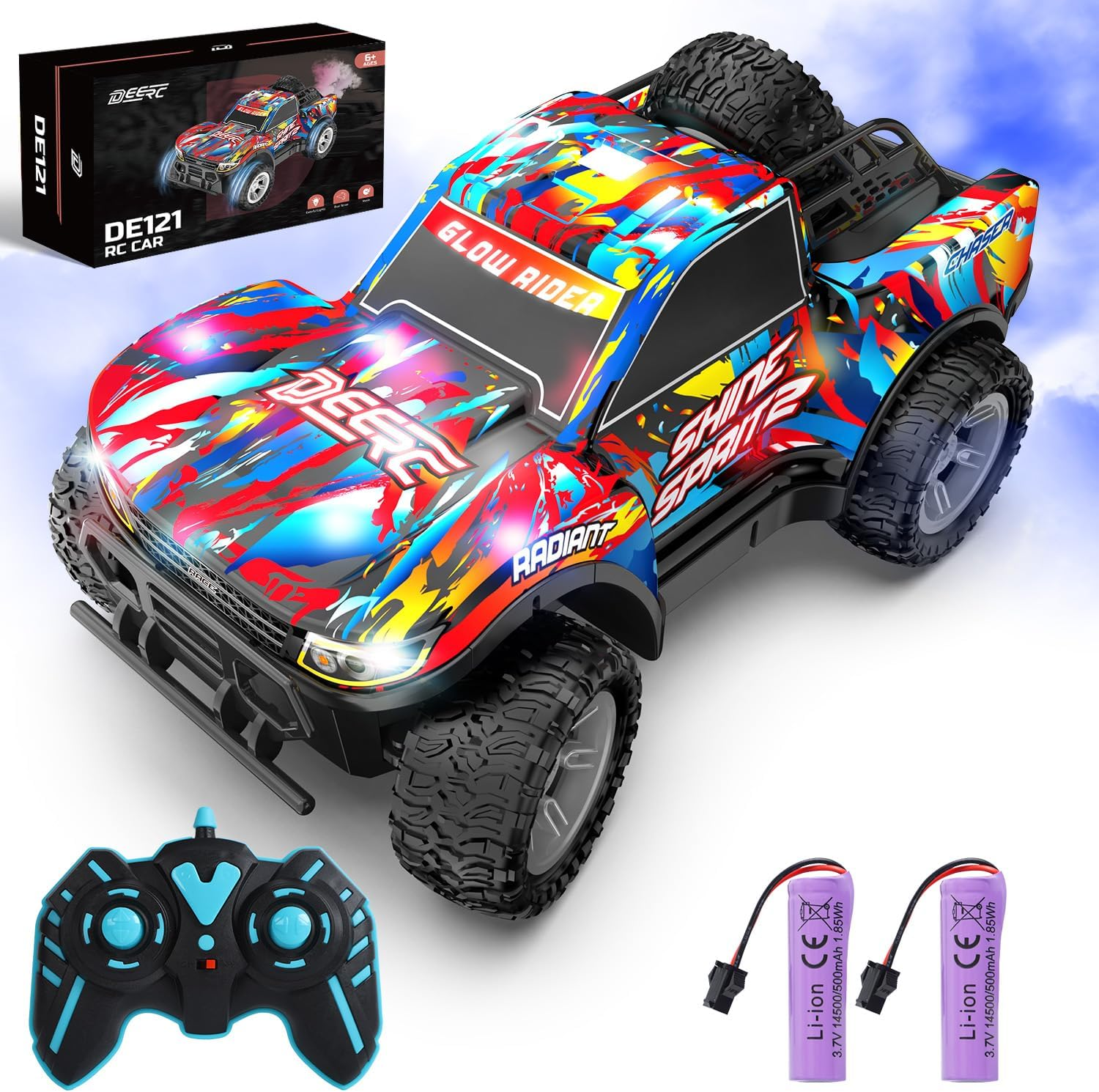 DEERC Remote Control Car for Boys & Girls Ages 4-8, Spray RC Truck with Music & Colorful LED Lights, 2.4Ghz All-Terrain Drift Vehicle, 2 Rechargeable Batteries, 40 Mins Playtime, Birthday Toy for Kids image number 1