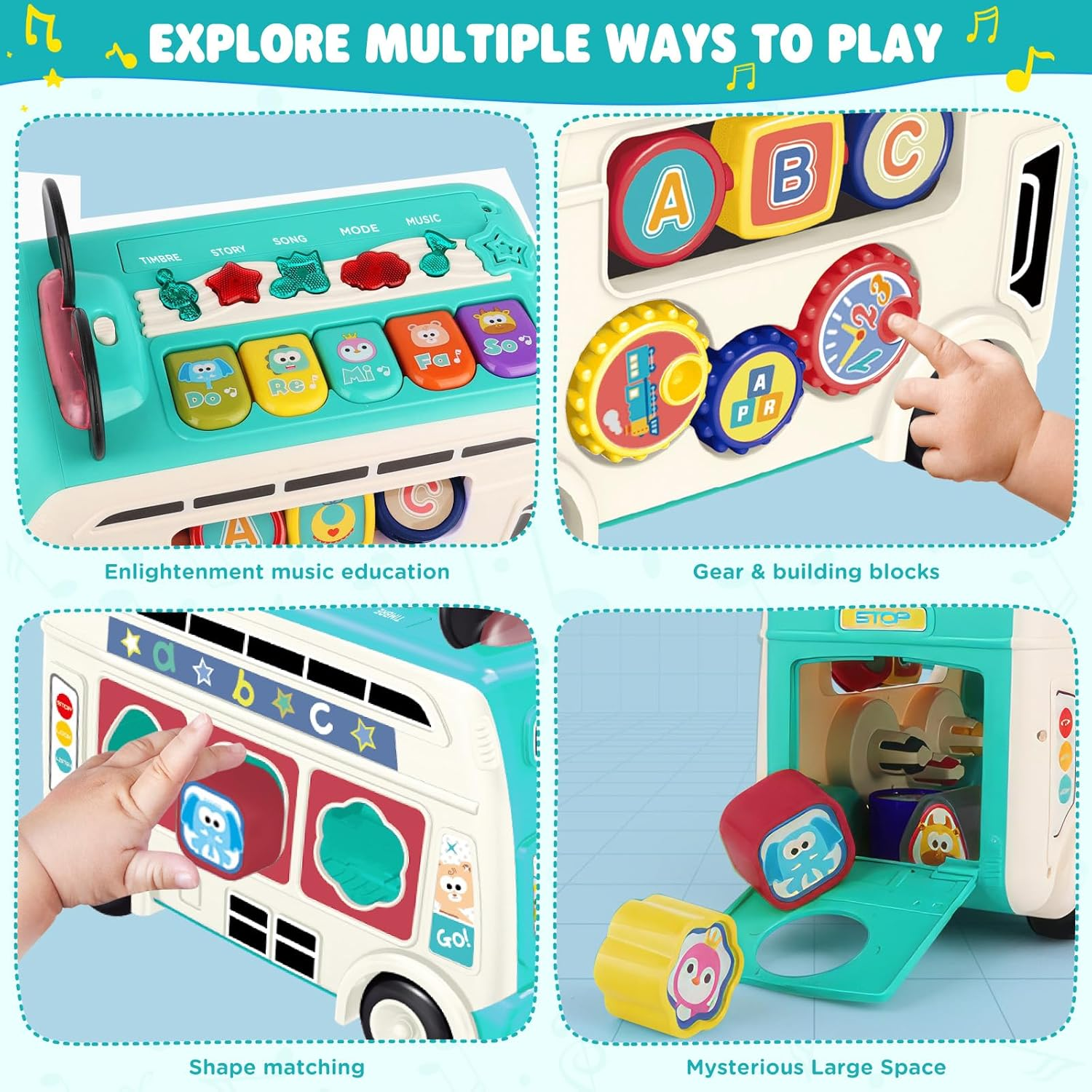 Baby Musical Toys - [2025 New] Large Early Learning Montessori Toys, Multifunctional Educational Sensory Game Music Bus with Sound/Shape Sorter, Birthday Gift for Boys Girls 18M+ image number 4