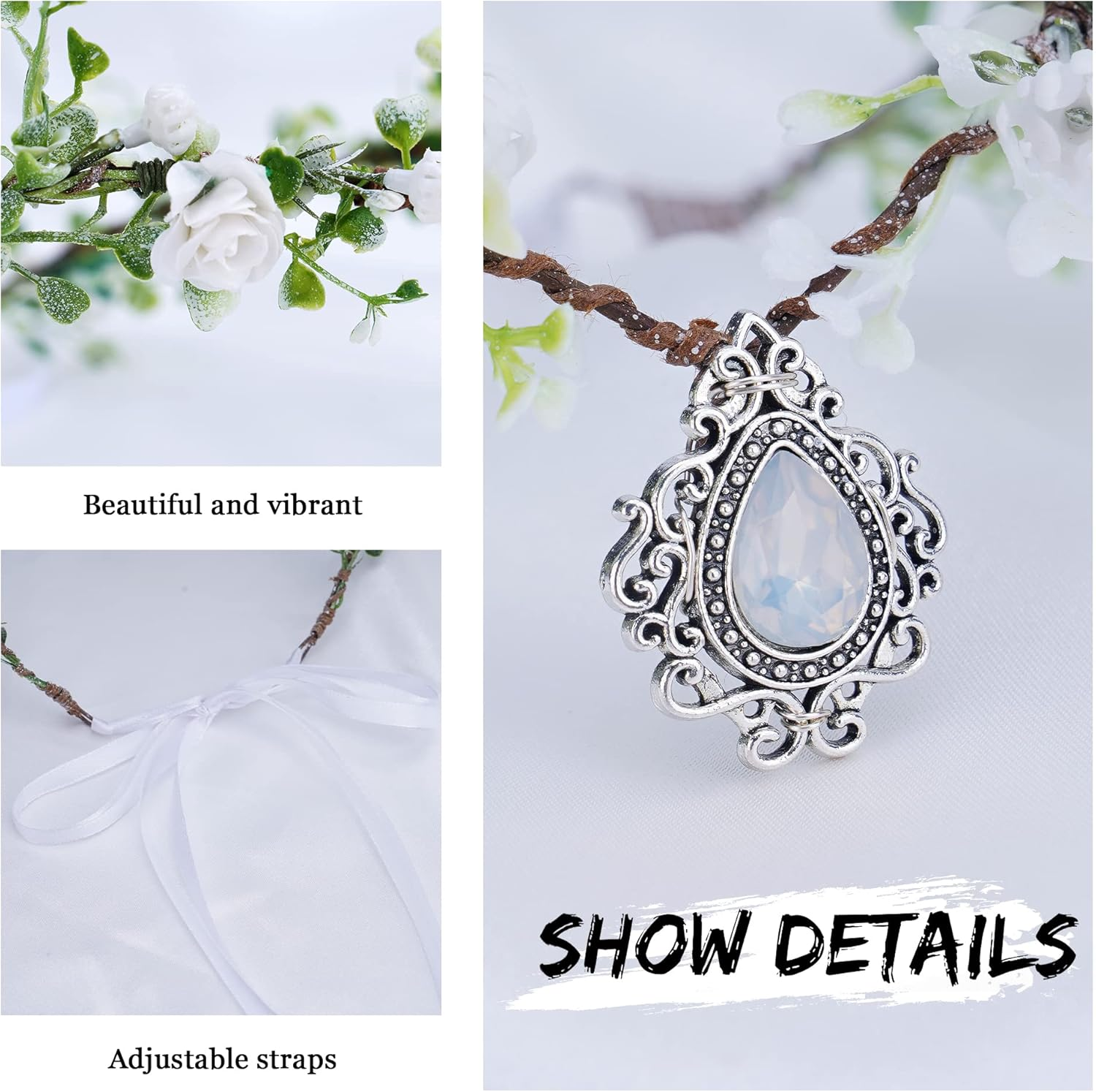 MOSTORY Woodland Fairy Flower Crown Girl - Floral Elf Headpiece with Crystal V-Shape Elven Tiara Handmade for Women Bridal Variable Size Wreath Headband for Cosplay Halloween Christmas Party Wedding image number 4