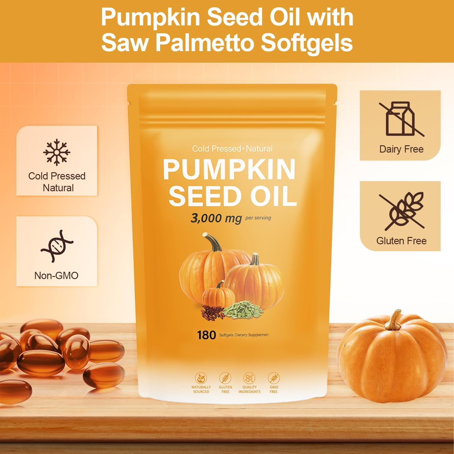Pumpkin Seed Oil with Saw Palmetto, 3000Mg | Cold Pressed, Pure Virgin Oil, Essential Fatty Acids & Phytsterols | Non-Gmo | 180 Softgels image number 4