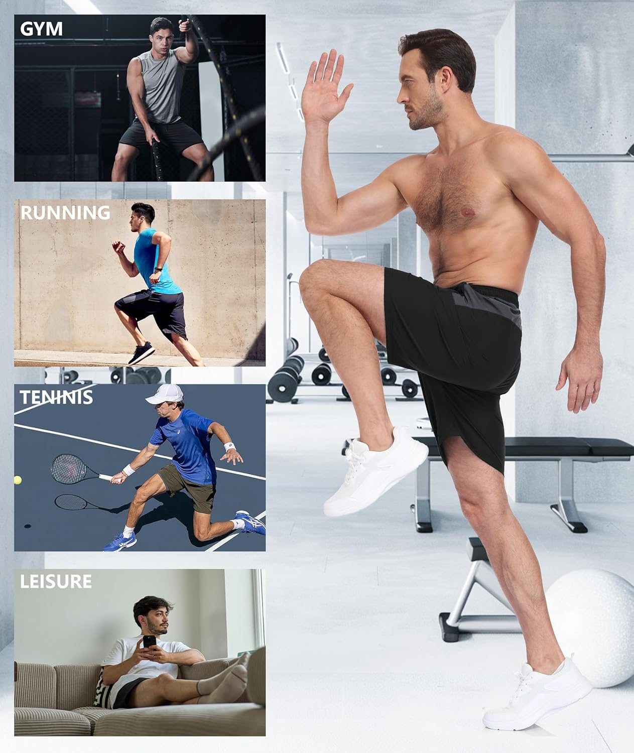 Mens Gym Workout Shorts with Zip Pockets Polyester Sport Athletic Training Shorts Dry Fit 2 Pack Running Tennis image number 4