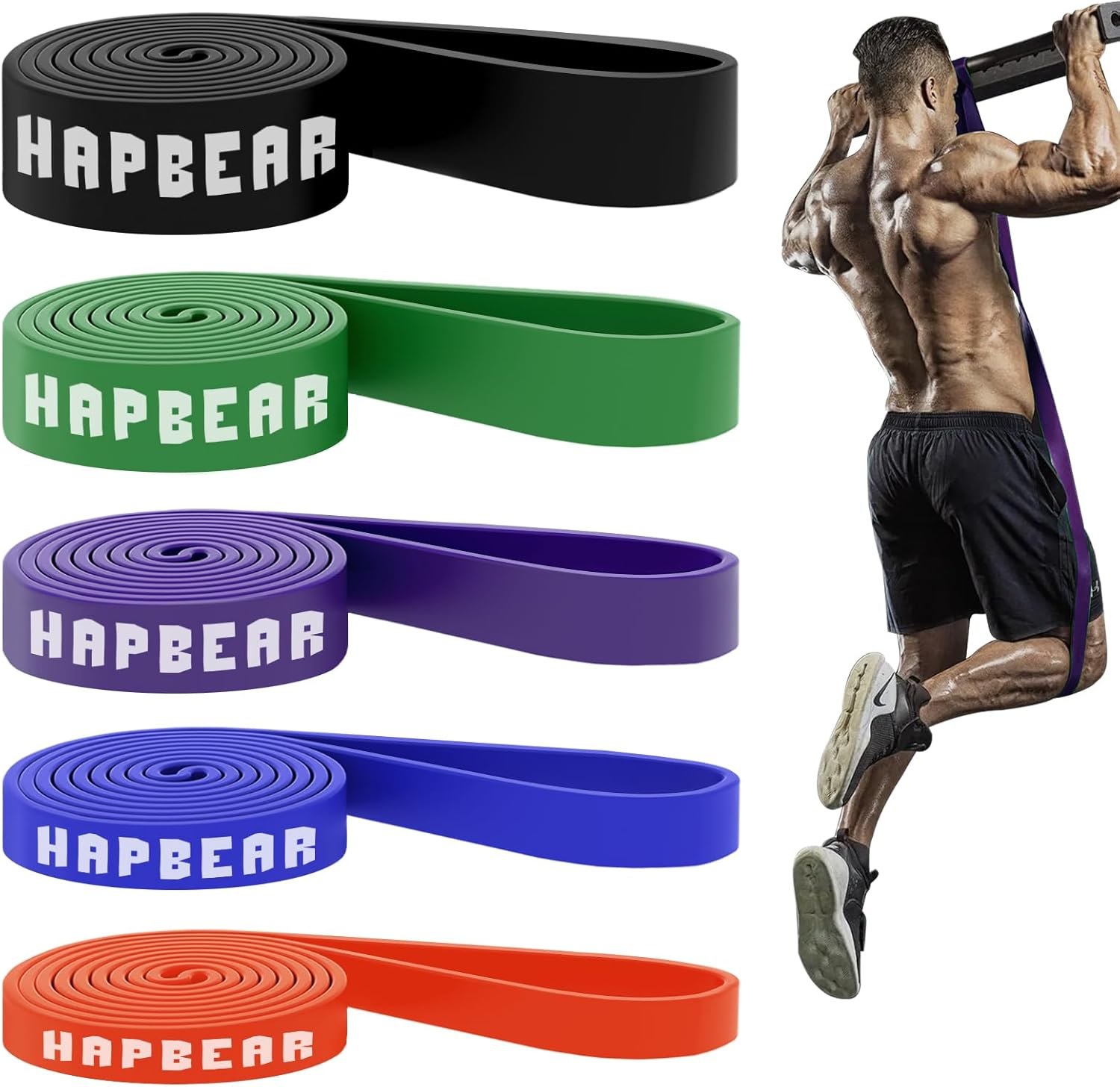HAPBEAR Pull up Resistance Bands for Men and Women - 5 Different Levels, Heavy Duty, Long, Pull up Assist Bands Set for Build Fit Power & Muscle (5-250LBS)