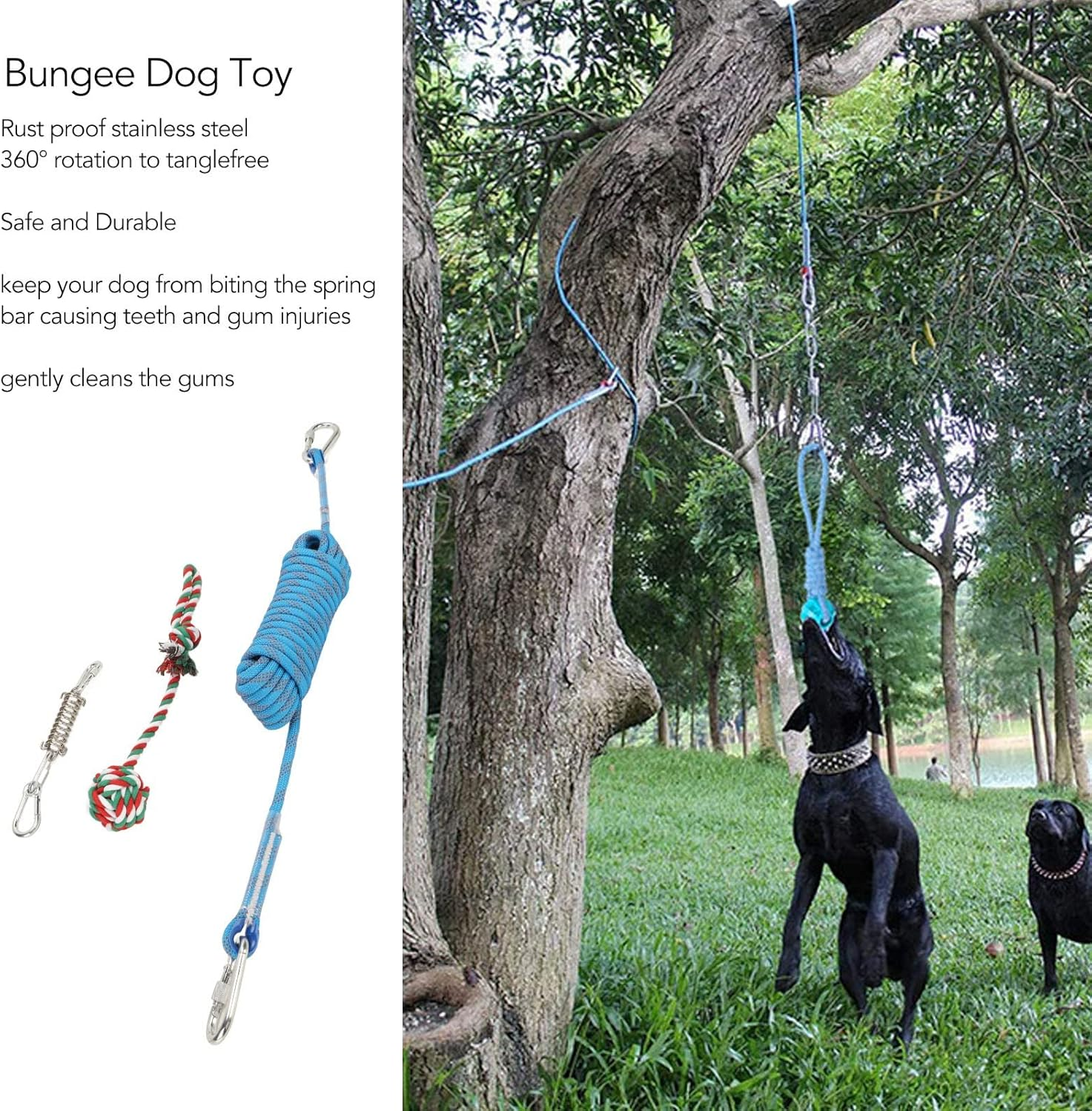32.8Ft Spring Pole Dog Rope Toys, Stainless Steel Adjustable Height Heavy Duty Muscle Builder Interactive Tether Tug Toy, Bungee Dog Toy Outdoor Hanging Toys for Large Dogs image number 3