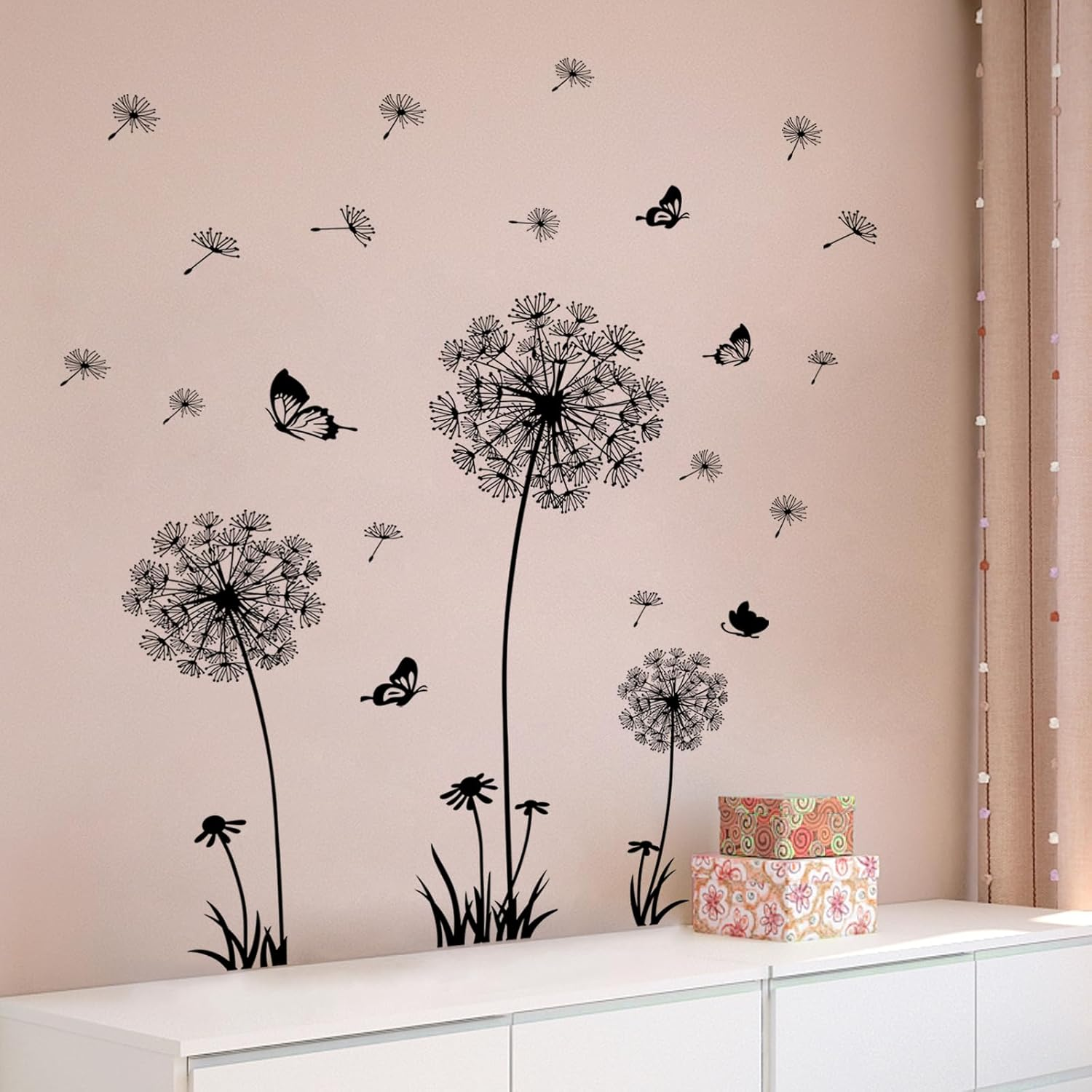 Supzone Dandelion Wall Stickers Flower Wall Decals Butterflies Flying Wall Decors Wall Art Stickers for Bedroom Living Room Sofa Backdrop TV Wall Decoration image number 6