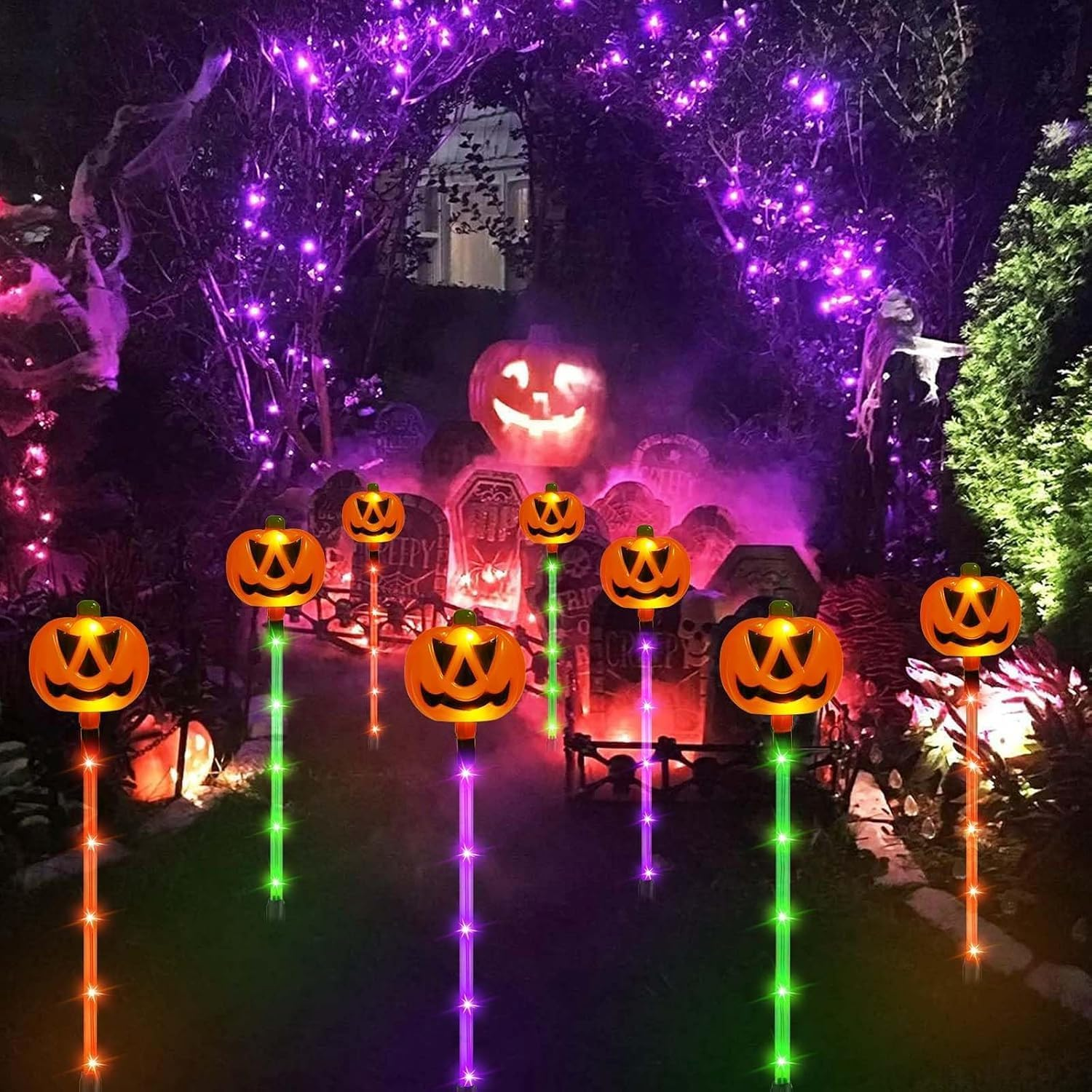 12-Pack Solar Halloween Pumpkin Pathway Lights, Halloween Lights Waterproof with 8 Modes, Outdoor Waterproof Solar Pathway Light for Party Porch Yard Decor image number 1