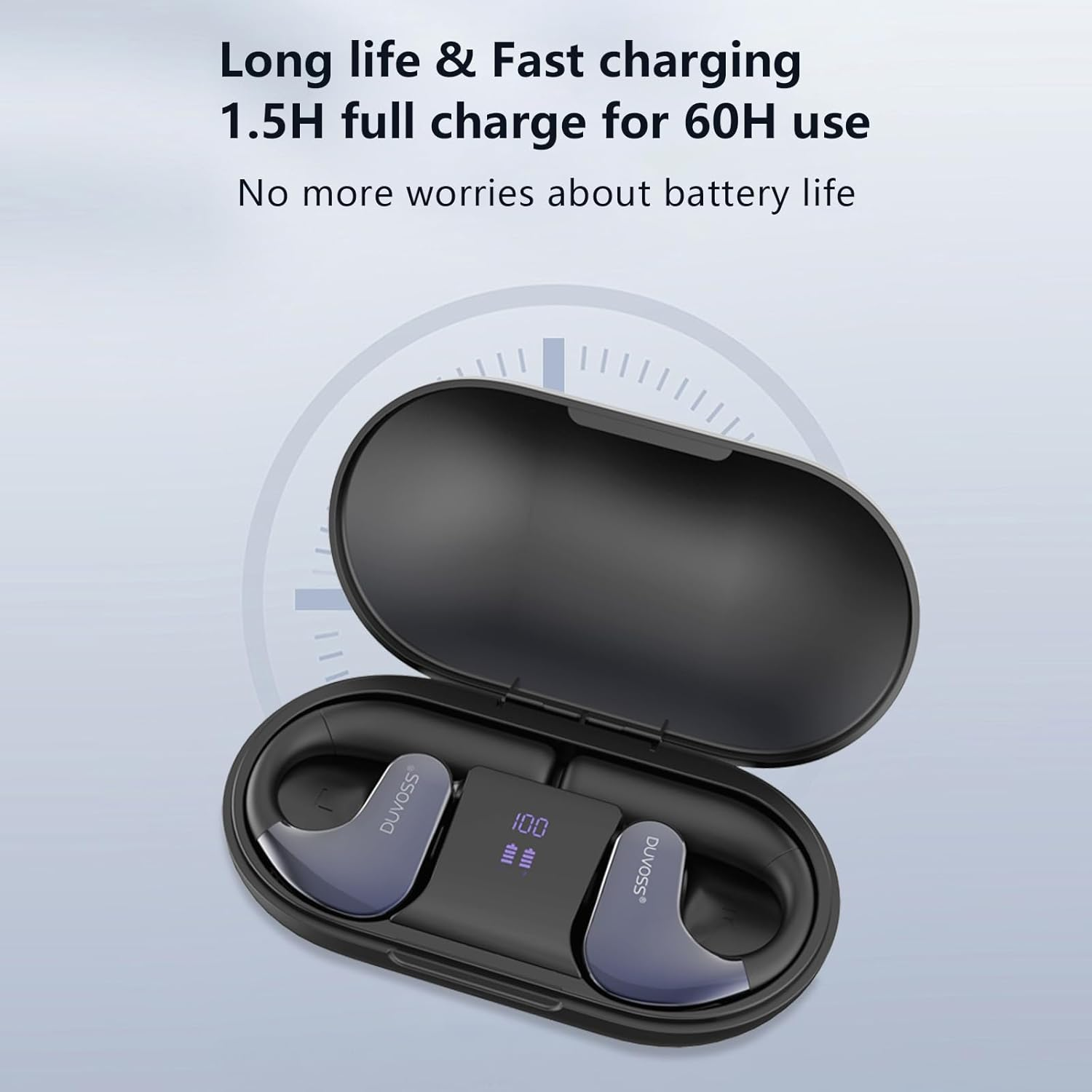 DUVOSS Open-Ear Headphones, True Wireless 5.3 Bluetooth Earbuds with Microphone, Clear Calls, Fast Charging, Music Playing, IXP4 Waterproof, Lightweight, Sports Earbuds with Ear Hook, 60 Hours, Black image number 3