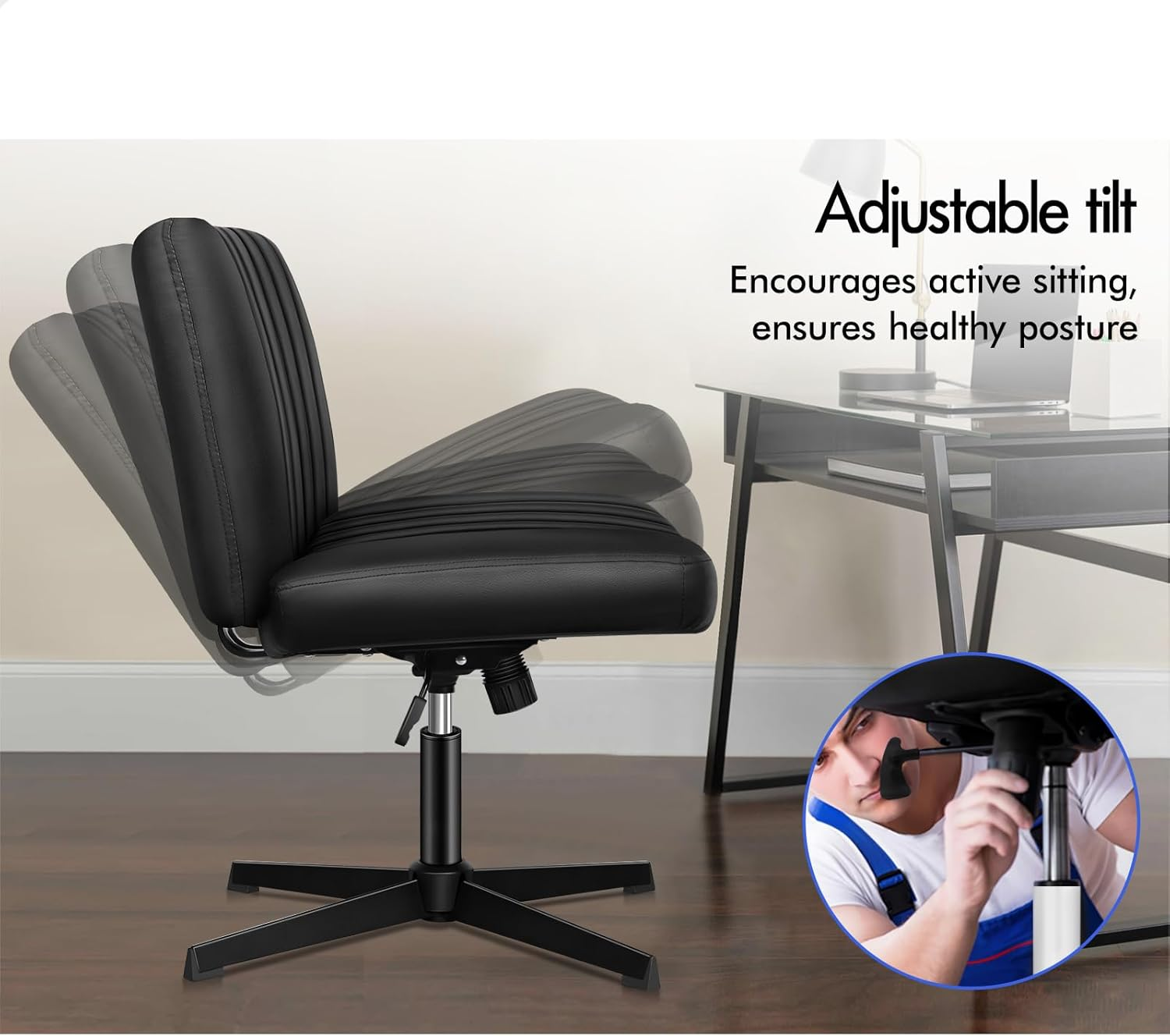 ALFORDSON Criss-Cross Desk Chair with Cross Leg Ottoman Stool, Xavi Series, PU Leather Upholstery, Ergonomic Armless Office Chair with Channel-Tufted Mid-Back Design, 180Kg Capacity, Black image number 5