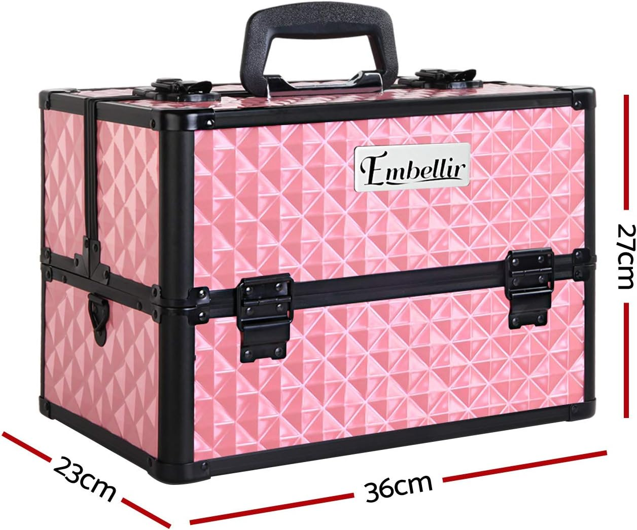 Embellir Makeup Case, Aluminium Lockable Beauty Cases Suitcase Make up Large Organisers Storage Portable Toiletry Cosmetic Box Travel Indoor Outdoor, with 4 Trays Shoulder Strap 8 Dividers Pink