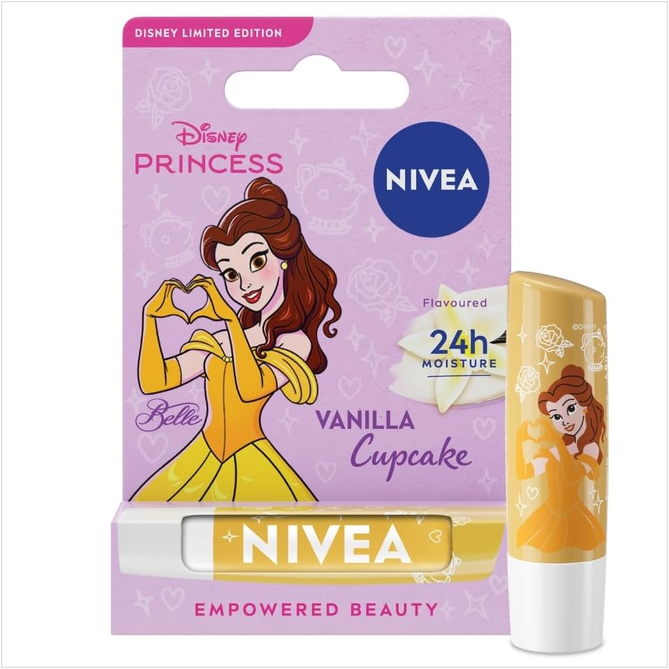 NIVEA Disney Princess Belle Limited Edition Vanilla Cupcake Lip Balm (4.8G), Unique Disney Princess Inspired Lip Balm for Kids, Contains Moisturising Shea Butter for 24 Hour Moisture