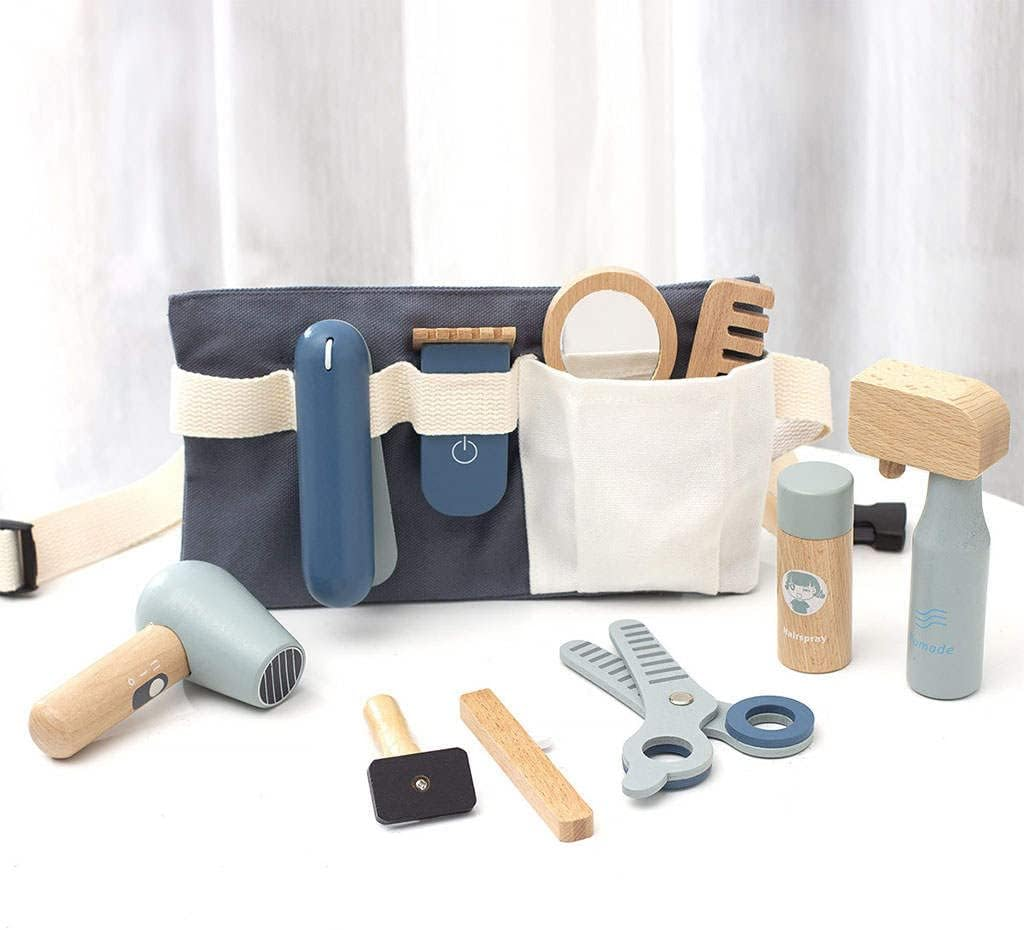 NC 11Pcs Simulation Wooden Beauty Salon Toys Pretend Play Mirror and Cosmetics Case with Toy Hairdryer Hair Styling Set Party Toy for Girl Toddler - Salon Kit image number 2