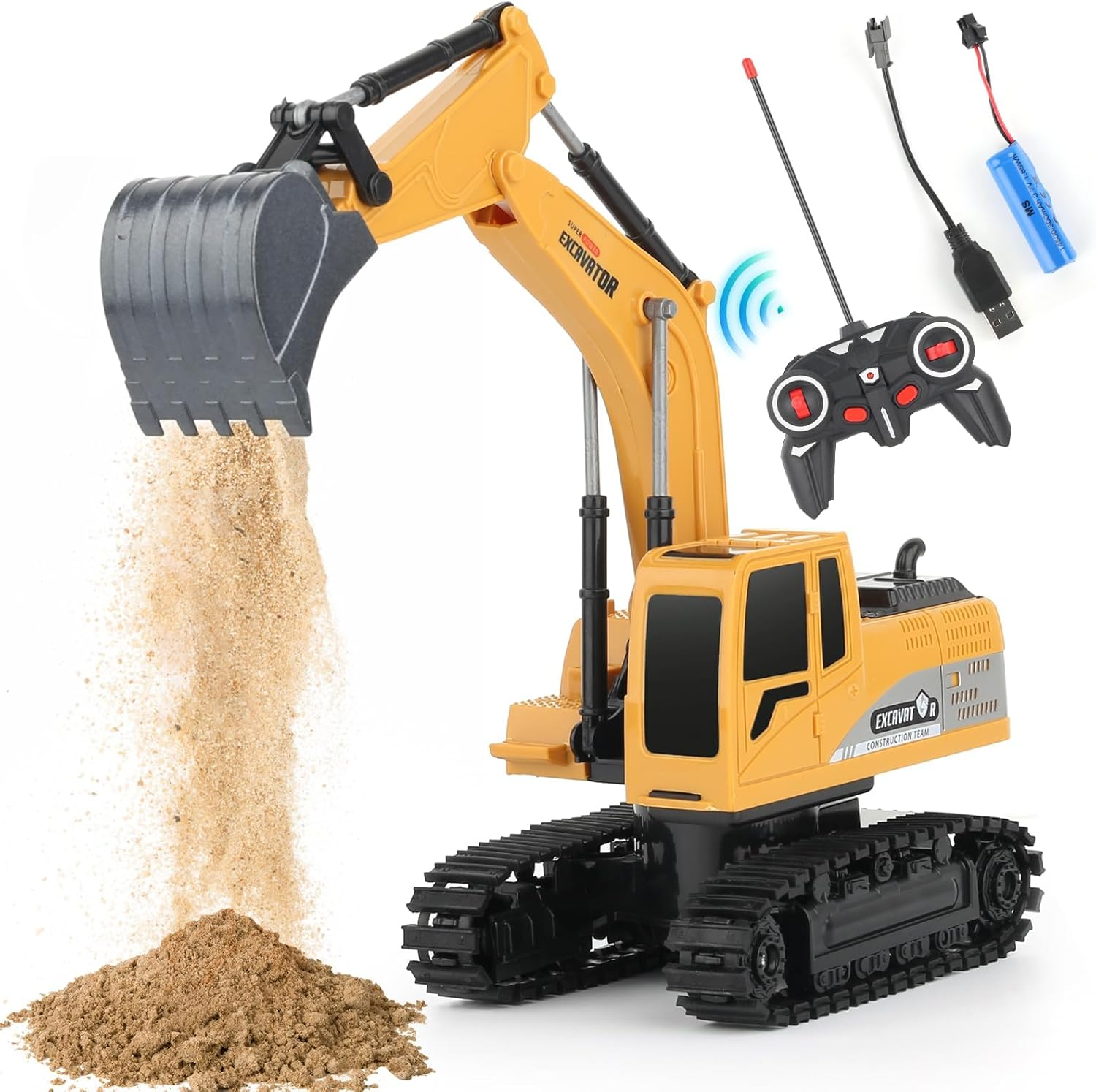 Besswin Remote Control Excavator Toy 660-F1 with Metal Shovel, Light and Music,1:24 Rechargeable RC Excavator,Remote Control Car for Kids 3+