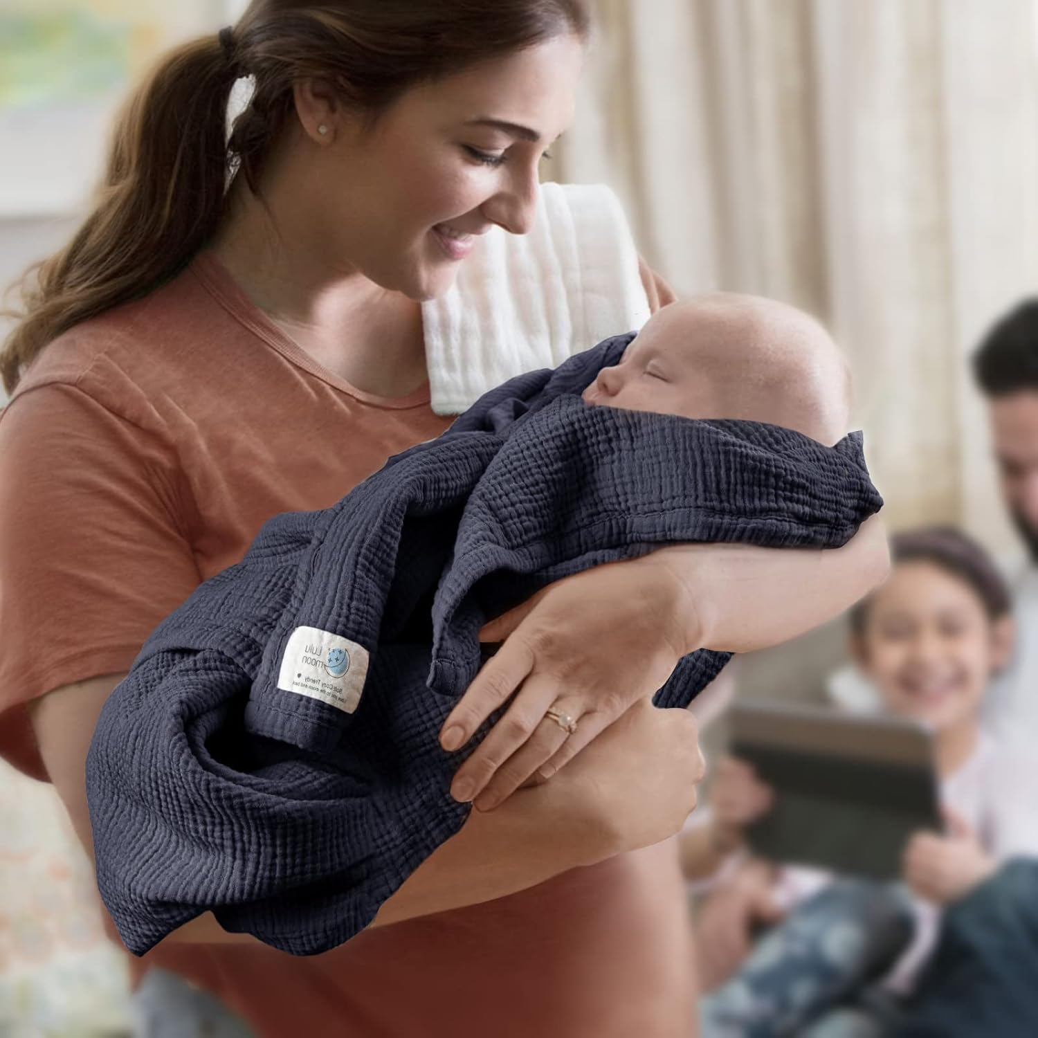 Lulu Moon Baby Blankets Muslin - Soft Cotton Crib Blanket Newborn - Toddler Quilt for Boys and Girls(Blue) - Blue image number 5