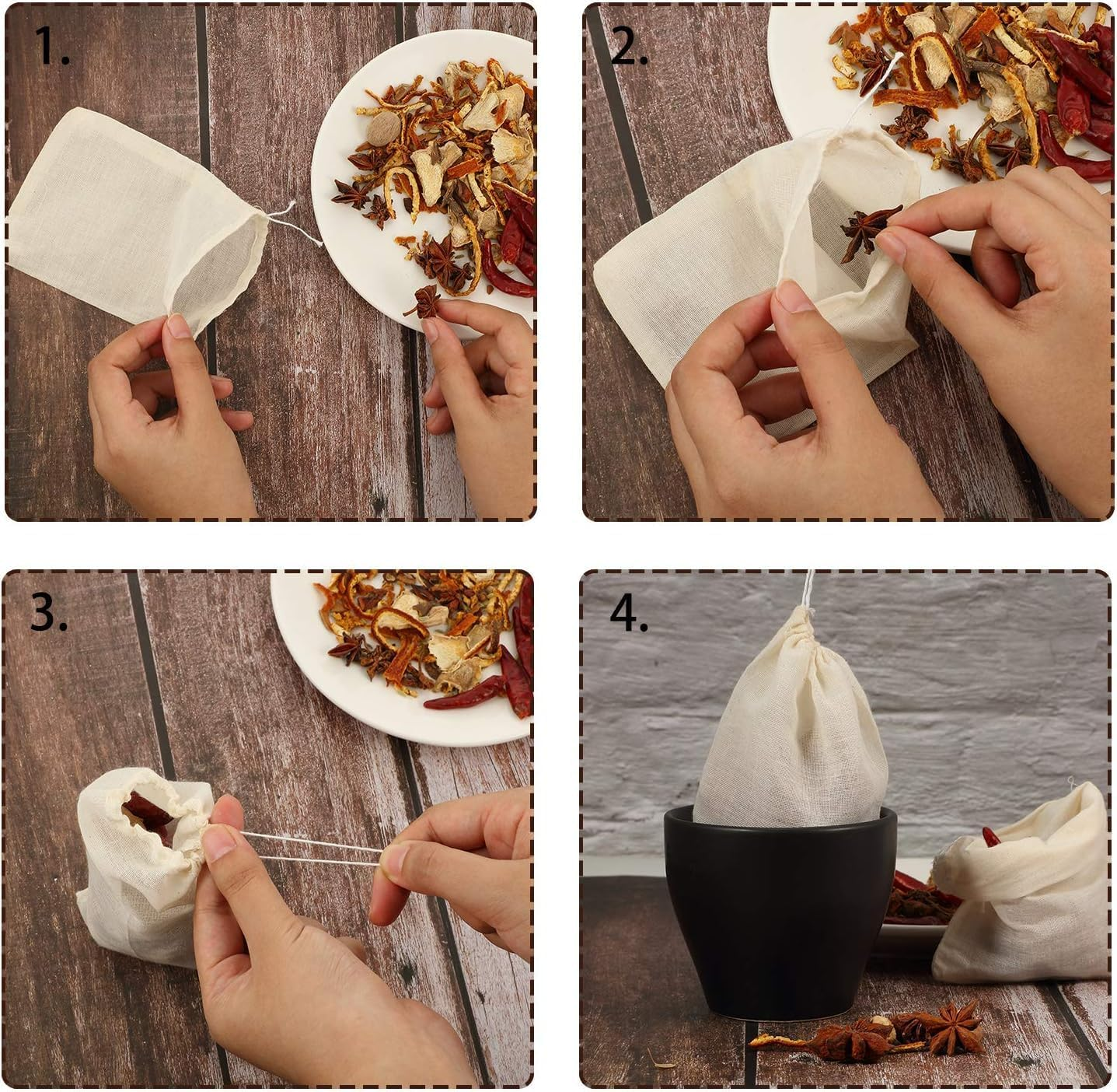 BUYLONG 20 Pcs Muslin Bag, 4X3In Mesh Bags, Cotton Muslin Drawstring Bags, Reusable Tea Bags, Cheesecloth Bags, Brew Bags, Barrier Bags, for Spices Storage, Loose Tea and Coffe, Cooking image number 1