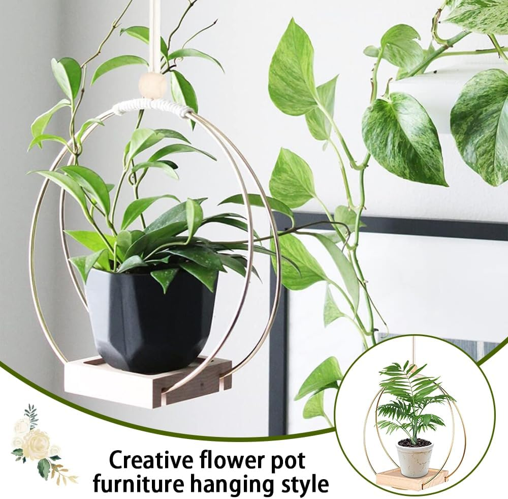 Hanging Planter with Wood Base, Modern Macrame Plant Hanger for Indoor Outdoor Wall Ceiling Window Boho Home Decoration, Gold (Planter/Plants Not Included) image number 5