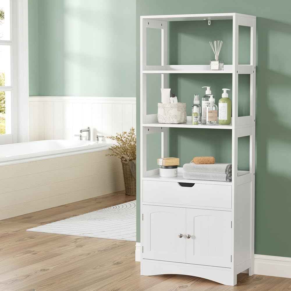 Artiss Bathroom Floor Storage Cabinet with 2 Drawers 3 Open Shelves 2 Door White image number 2