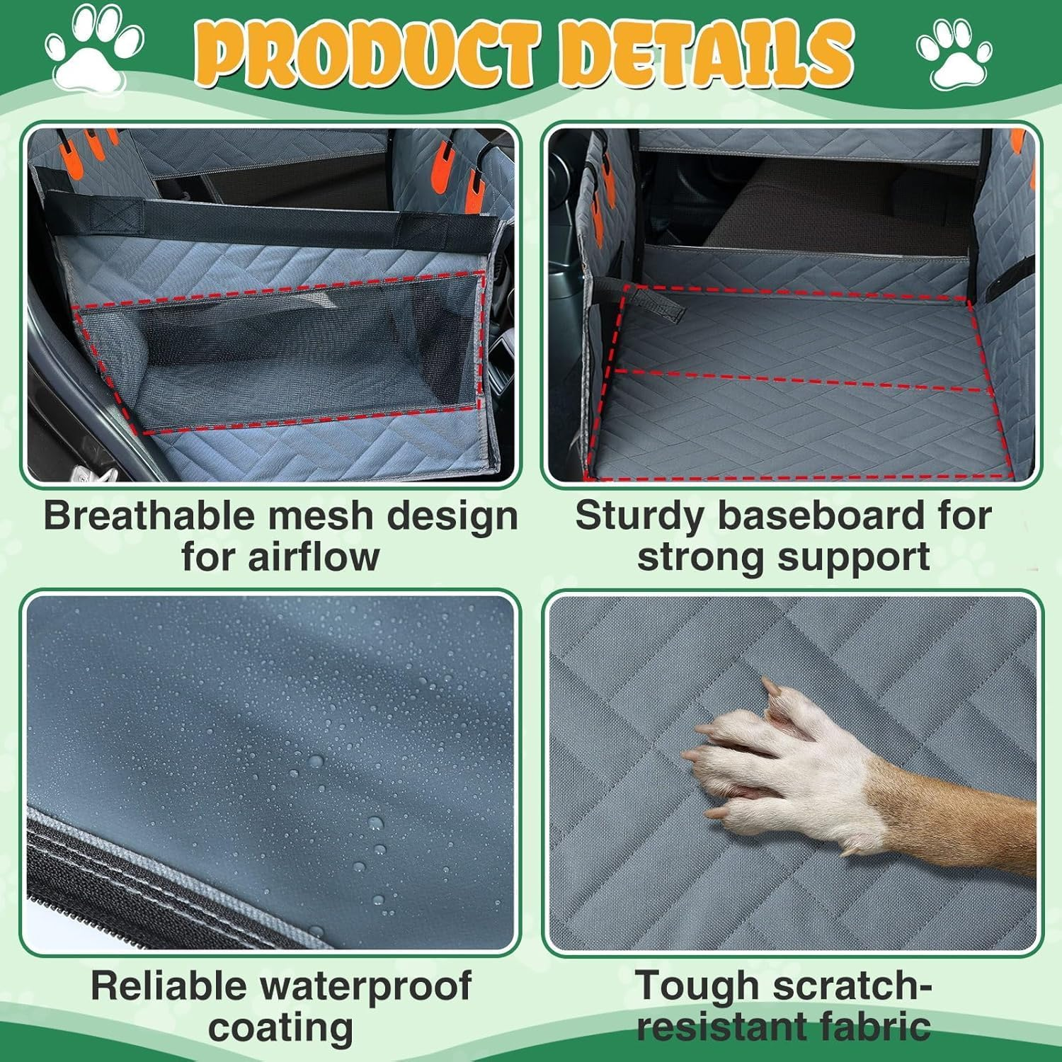 Dog Car Seat Cover for Back Seat &ndash; 2/3 Backseat Protector with Dog Seat Belt, Waterproof & Scratchproof Car Accessories for Small & Medium Dogs, SUV Sedan image number 1