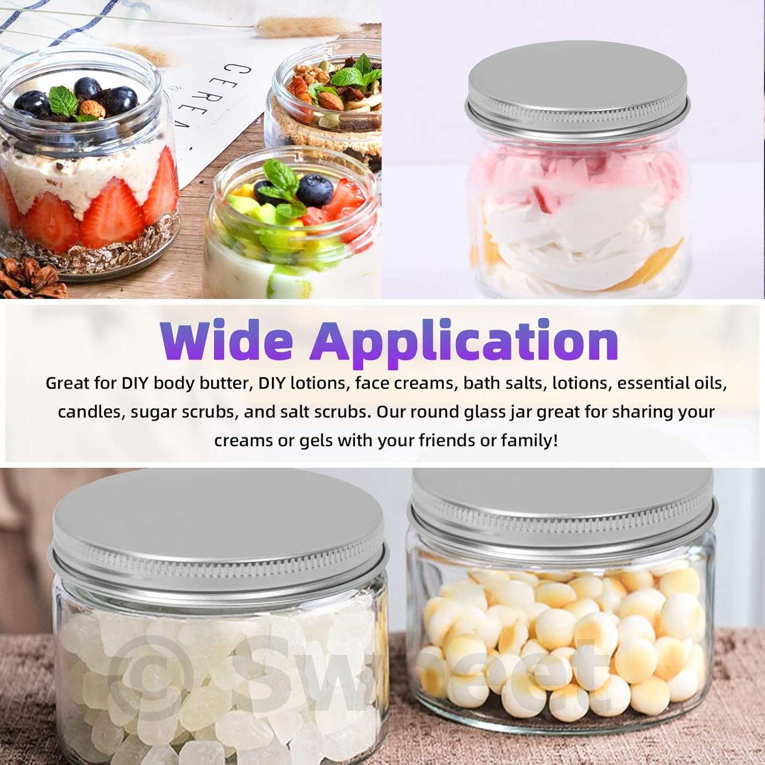 Swpeet 12 Packs 4 Oz - 120ML Transparent Glass Jar with Silver Lid Assortment Kit, round Containers Cosmetic Glass Jars with Lids Travel Jars Cosmetic Containers for Cream, Lotion image number 4