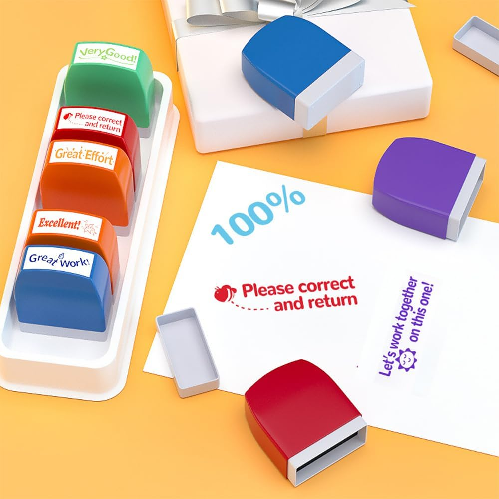 Self-Inking Teacher Stamp Set, 8Pcs Motivation Teacher Grading Stamp Set, Teachers Review Homework Feedback Stamps, Colorful Teachers Review Homework Feedback Stamps, Self-Inking Grading Stamps