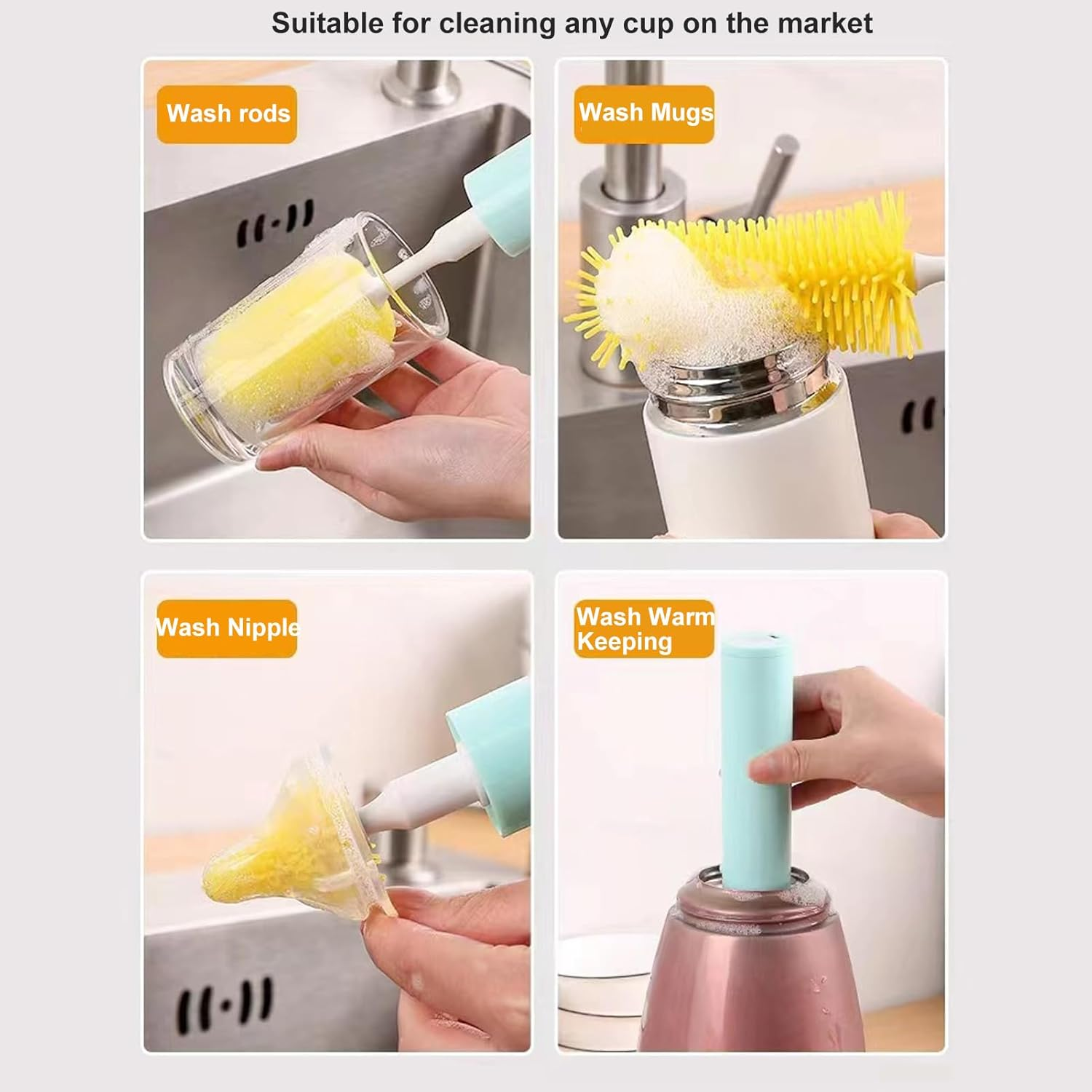 Bewinner Electric Baby Bottle Brush - Removable Smart Baby Bottle Cleaner with 3 Head, Safty Silicone Travel Bottle Brush for Most of Bottles Cups image number 1