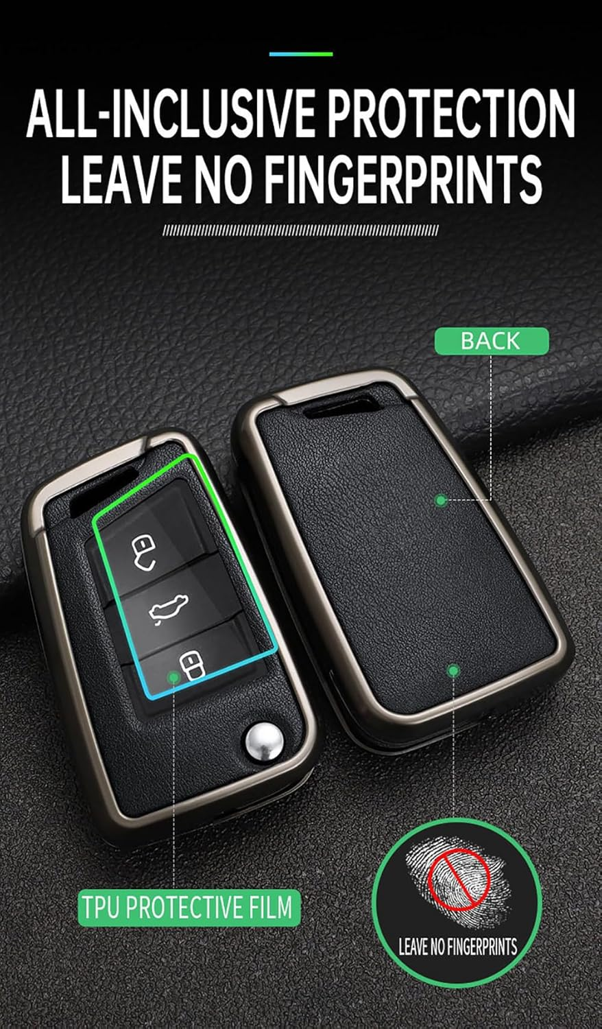 Ontto Alloy Car Key Fob Cover Fit for VW Golf 7 Ateca Arona MK6 MK7 Polo Jetta Fabia Tiguan Touran Toledo for Skoda Seat Leon Ibiza Octavia Flip Leather Key Case Keyring Key Shell Holder Bag Keychain - Black-Borwn image number 6