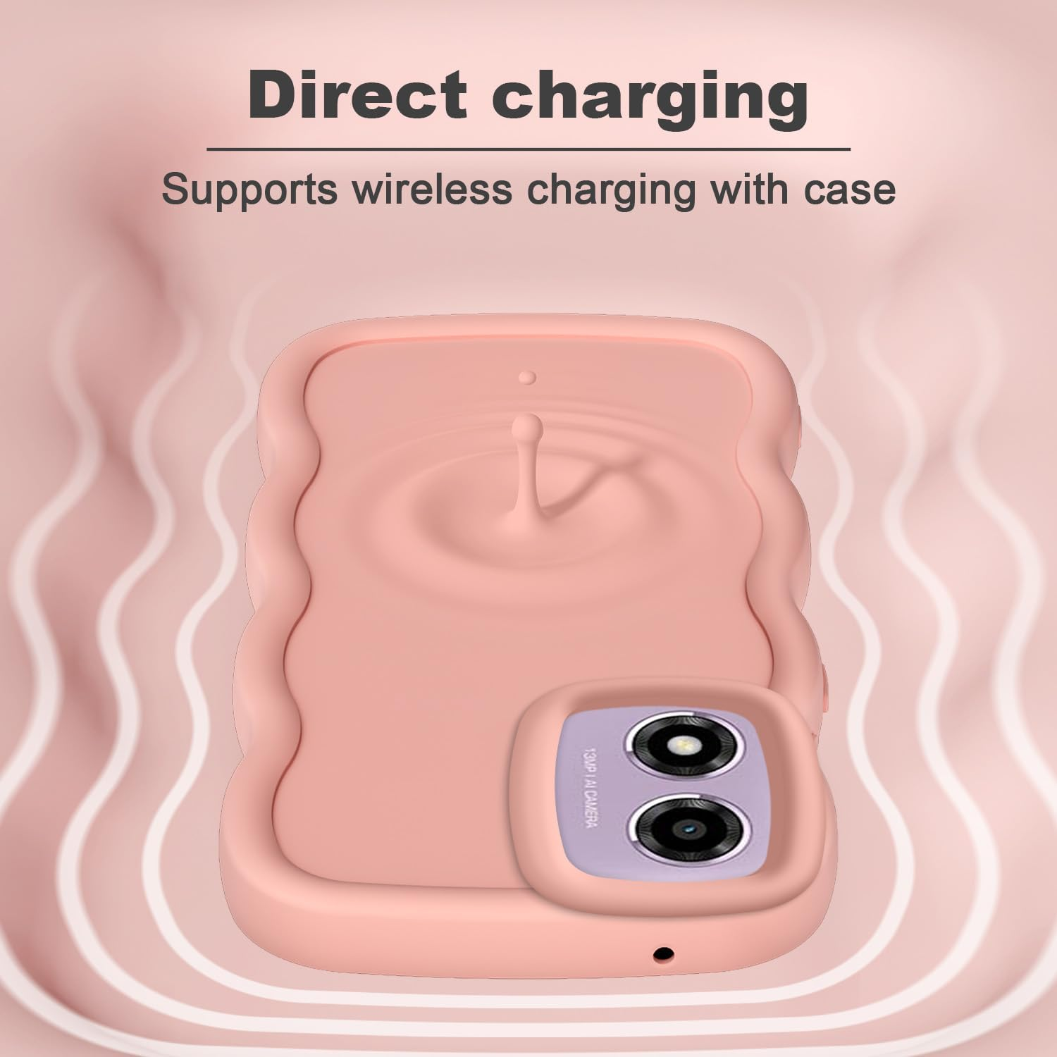 XINYEXIN Liquid Silicone Case for Motorola Moto E14 / Moto G24 / Moto G04, Wave Frame Curly Shape Cute Protective Case Soft Shockproof Bumper Cover - Pink - Black image number 7