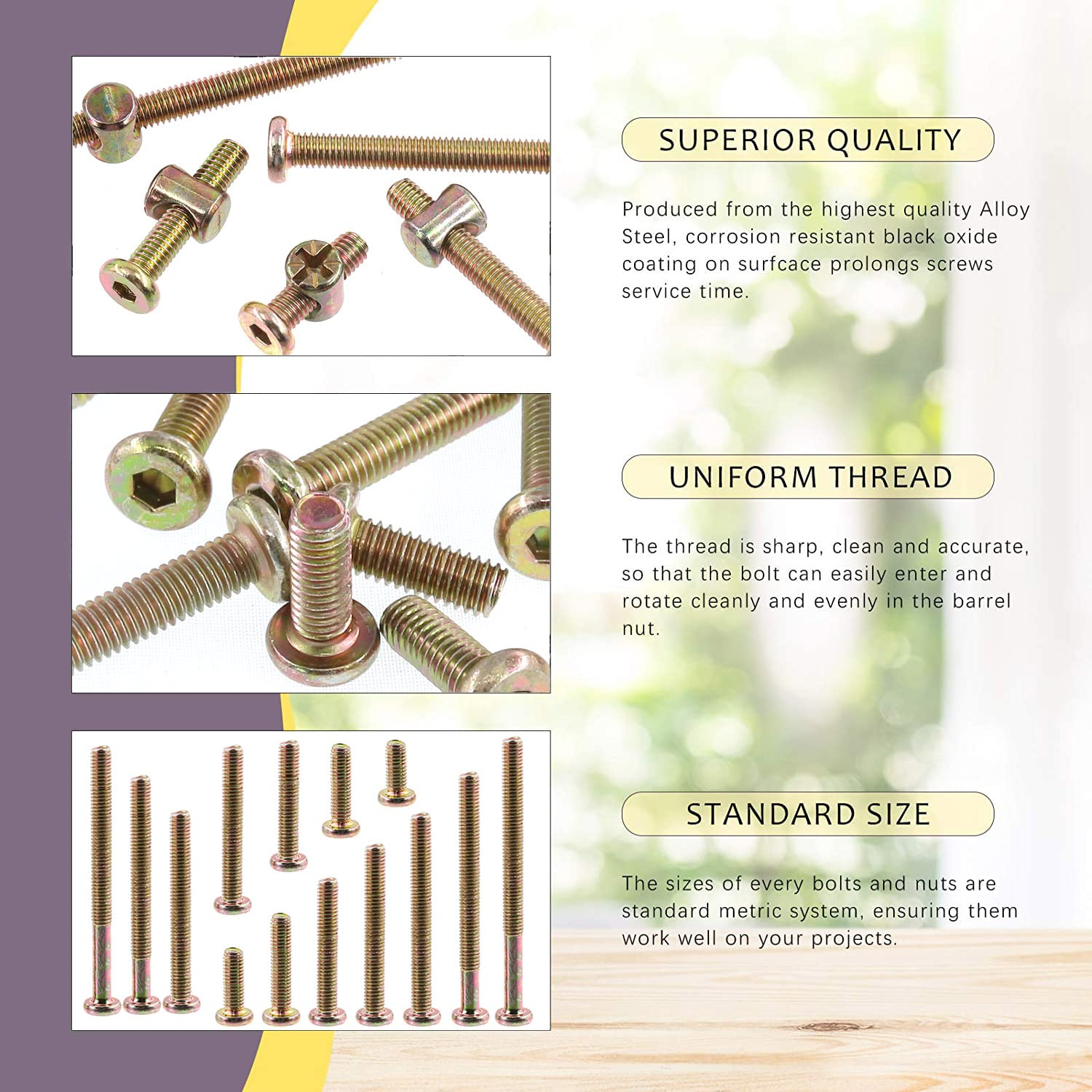 Swpeet 181Pcs M6 X 15Mm - 80Mm Color Zinc Flat Head Hex Socket Cap Baby Crib Bed Bolts Nuts Screws and Threaded Insert Nuts with Flange Nuts and 4 Pronged Tee T Nuts Assortment Kit with Allen Wrench