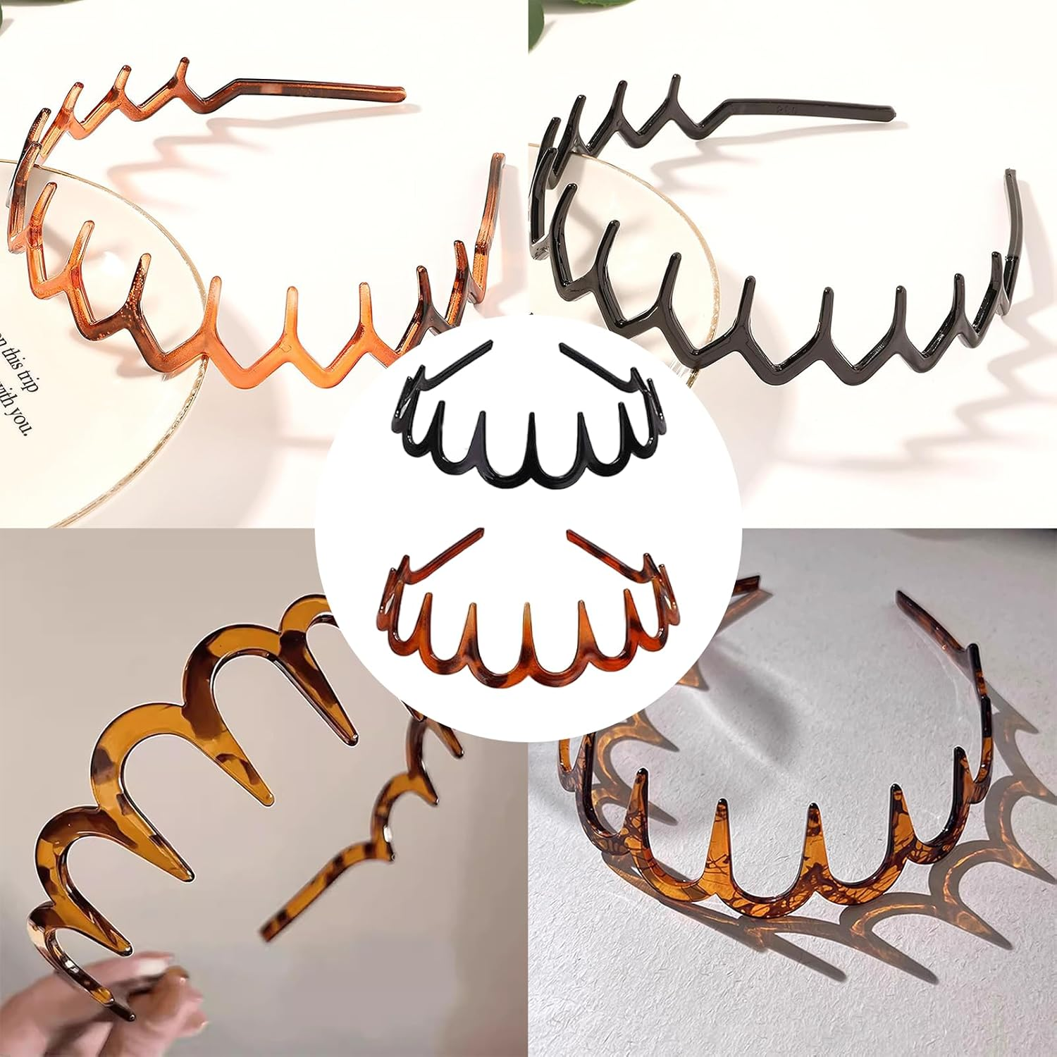 Jeyzuroa 2 Pack Toothed Headbands for Women - Fashion Plastic Hair Hoops with Comb Design, Wavy Zigzag Hairbands image number 1