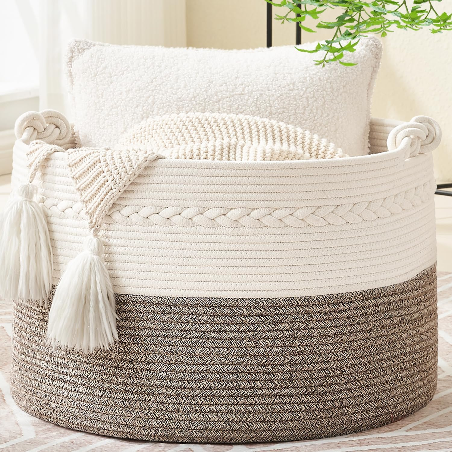KAKAMAY Large Blanket Basket (20"X13"),Woven Baskets for Storage Baby Laundry Hamper, Cotton Rope Blanket Basket for Living Room, Laundry, Nursery, Pillows, Baby Toy Chest (White/Brown)