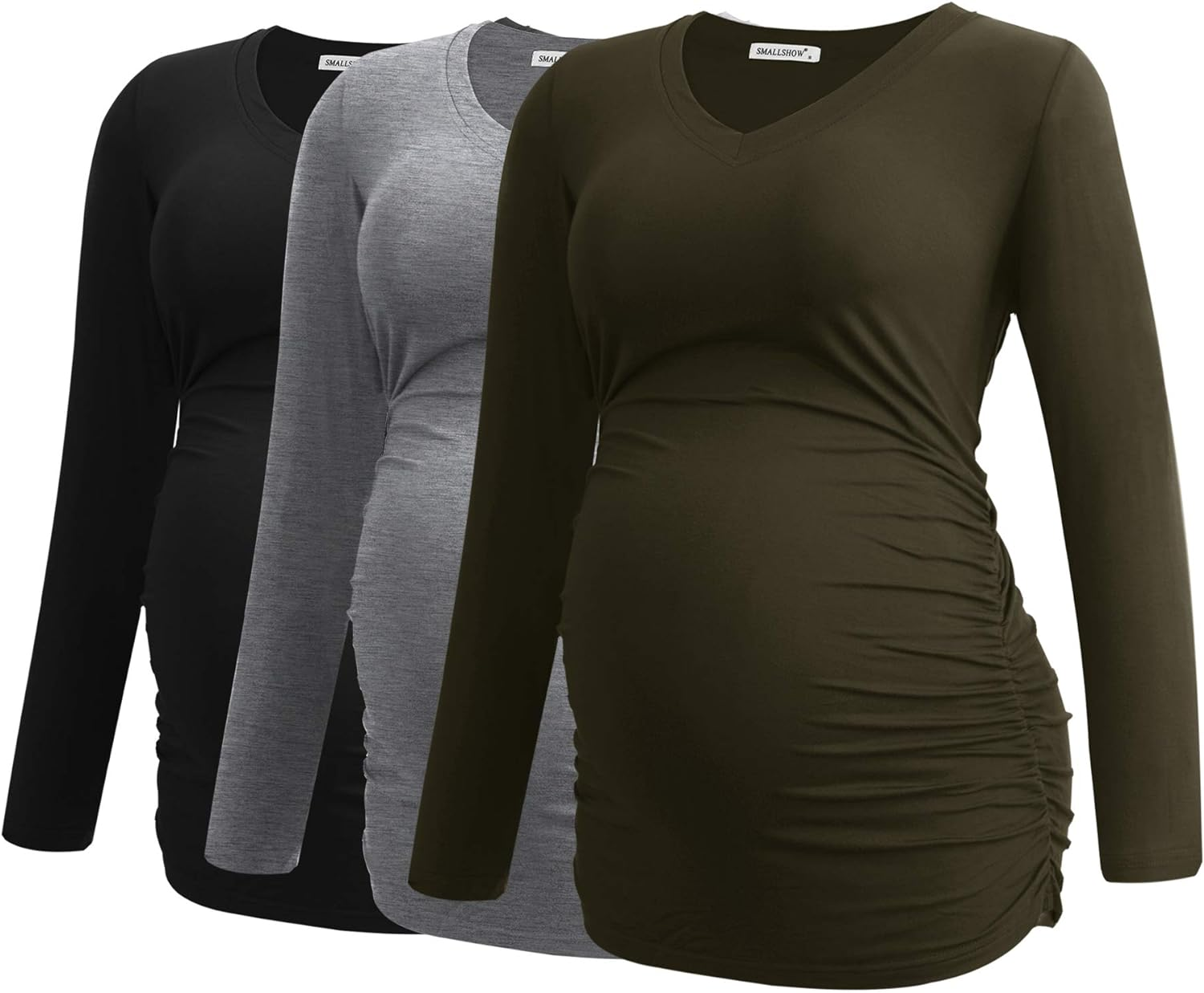 Smallshow Women'S V-Neck Maternity Shirt Clothes Long Sleeve Ruched Pregnancy Top