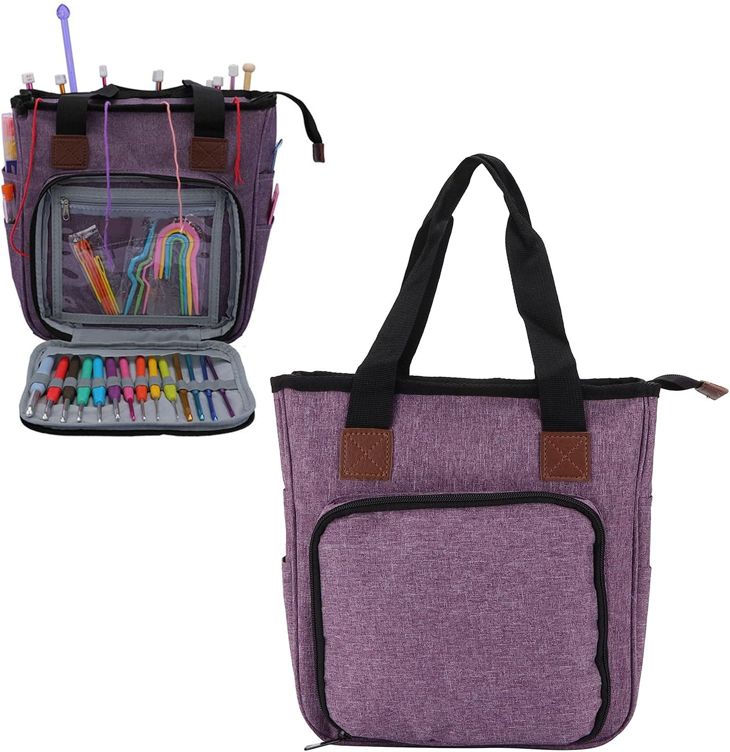 Portable Knitting Bag Organiser - Oxford Cloth Yarn Storage Tote with Multiple Compartments for Crochet Hooks & Needles (Purple)