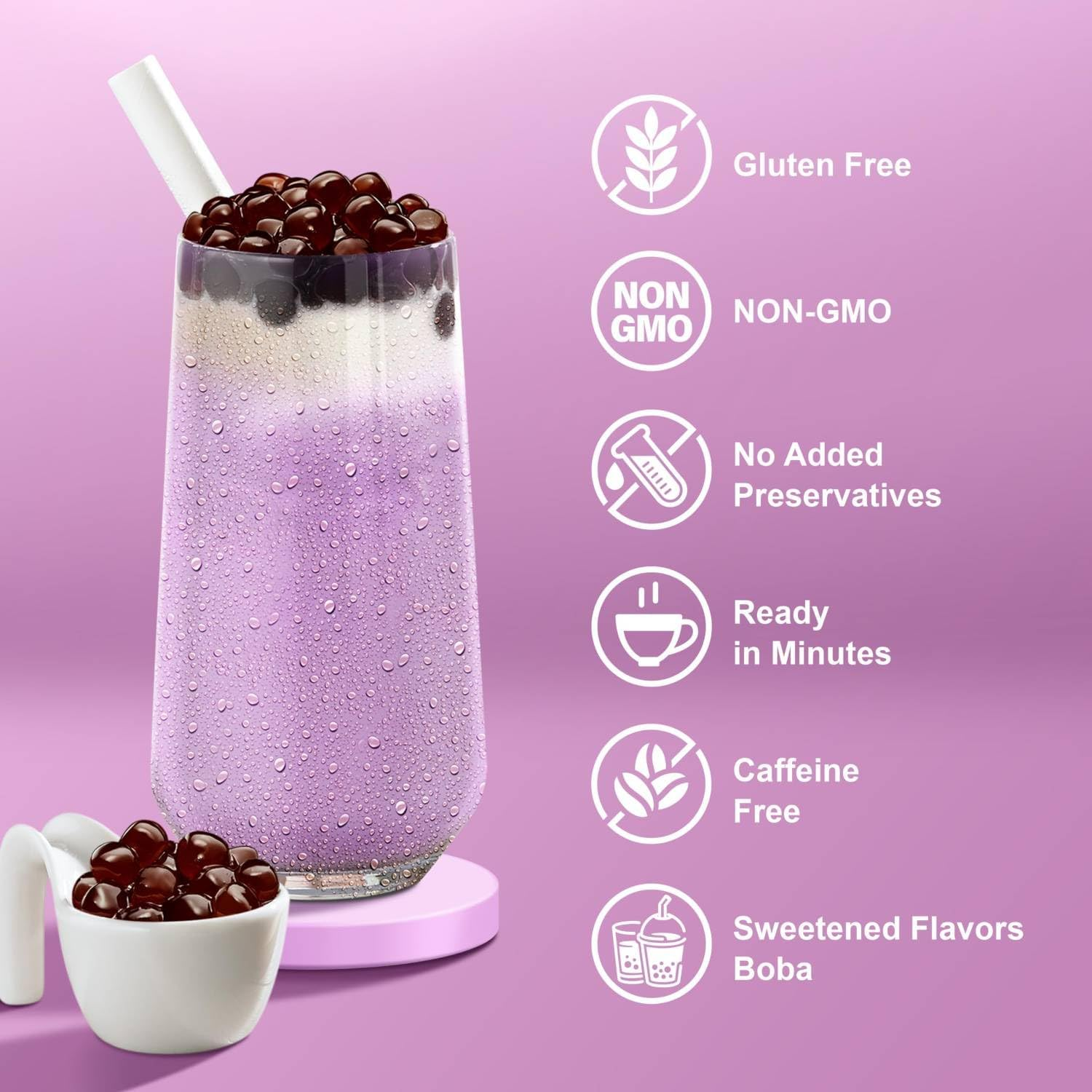 WAY Instant Boba Bubble Pearl Taro Tea Kit with Authentic Brown Sugar Tapioca Boba, Ready in under One Minute, Paper Straws Included - 3 Servings image number 2