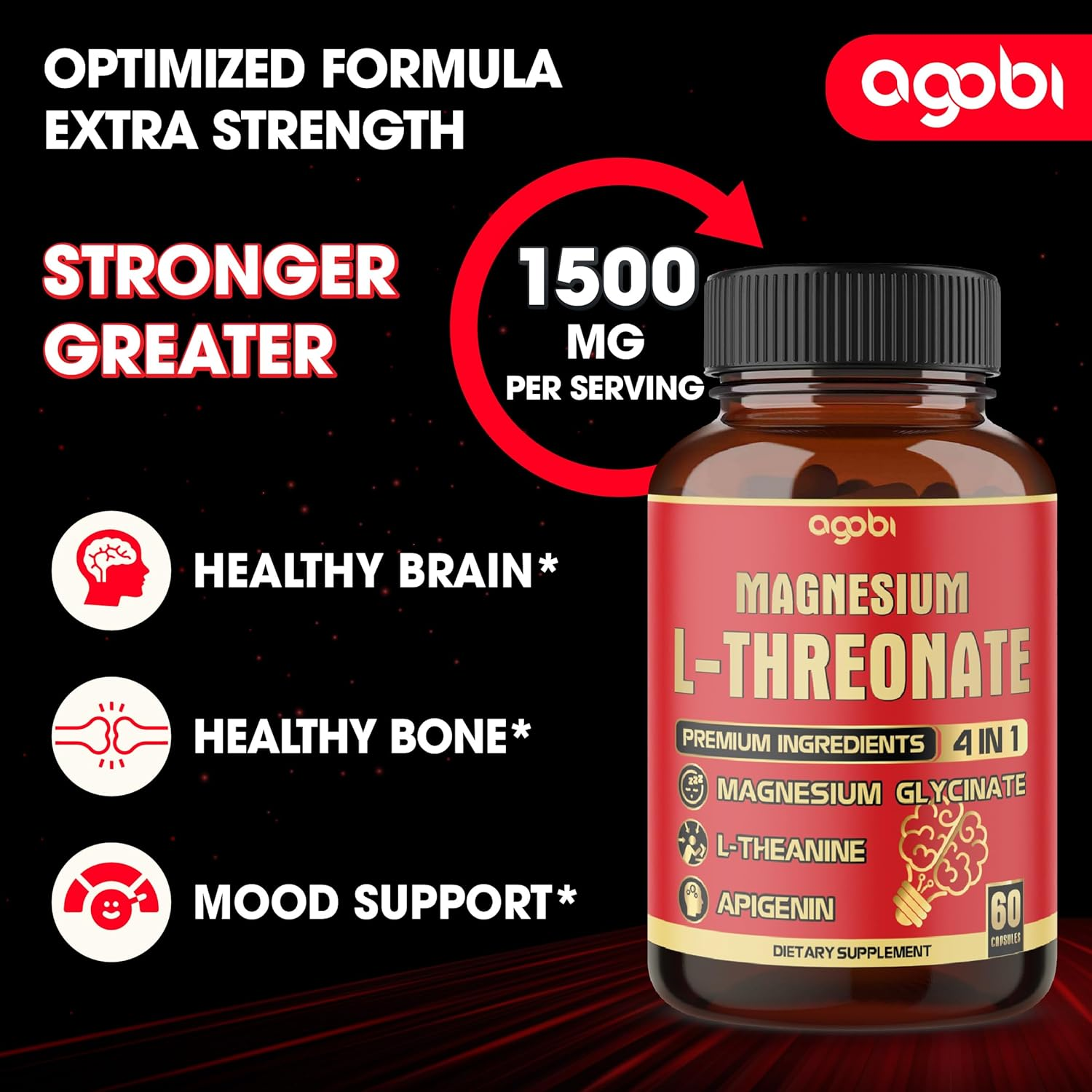 60 Capsules - 1500Mg Magnesium L-Threonate Capsules, Magnesium Glycinate, L-Theanine, and Apigenin - Gluten-Free, Non-Gmo image number 3