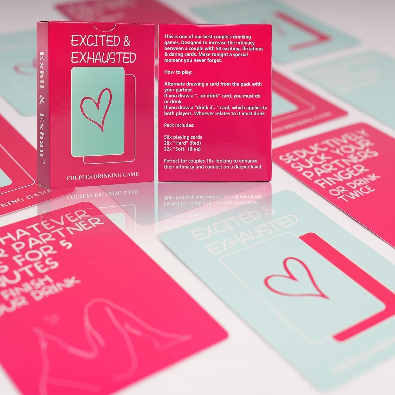 Couples Drinking Cards for Adults - Excited & Exhausted, Adult Party Sex Romantic Game for Couples, 50 Cards with Intimate Dares