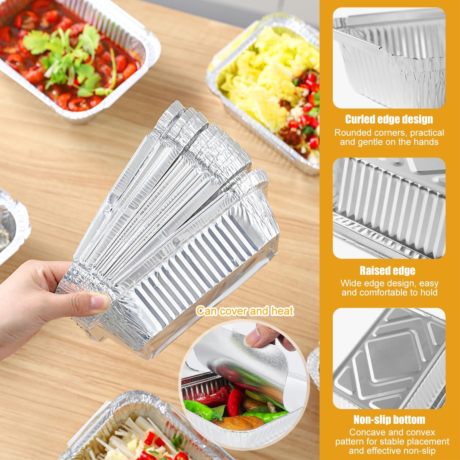 60 PCS Foil Trays with Lid, 20X11X5.5Cm Aluminium Foil Pan Foil Food Containers, 60 Pans and 60 Cardboard Covers, Tin Foil Pans for Baking, Meal Prep, Freezer and Takeout image number 5