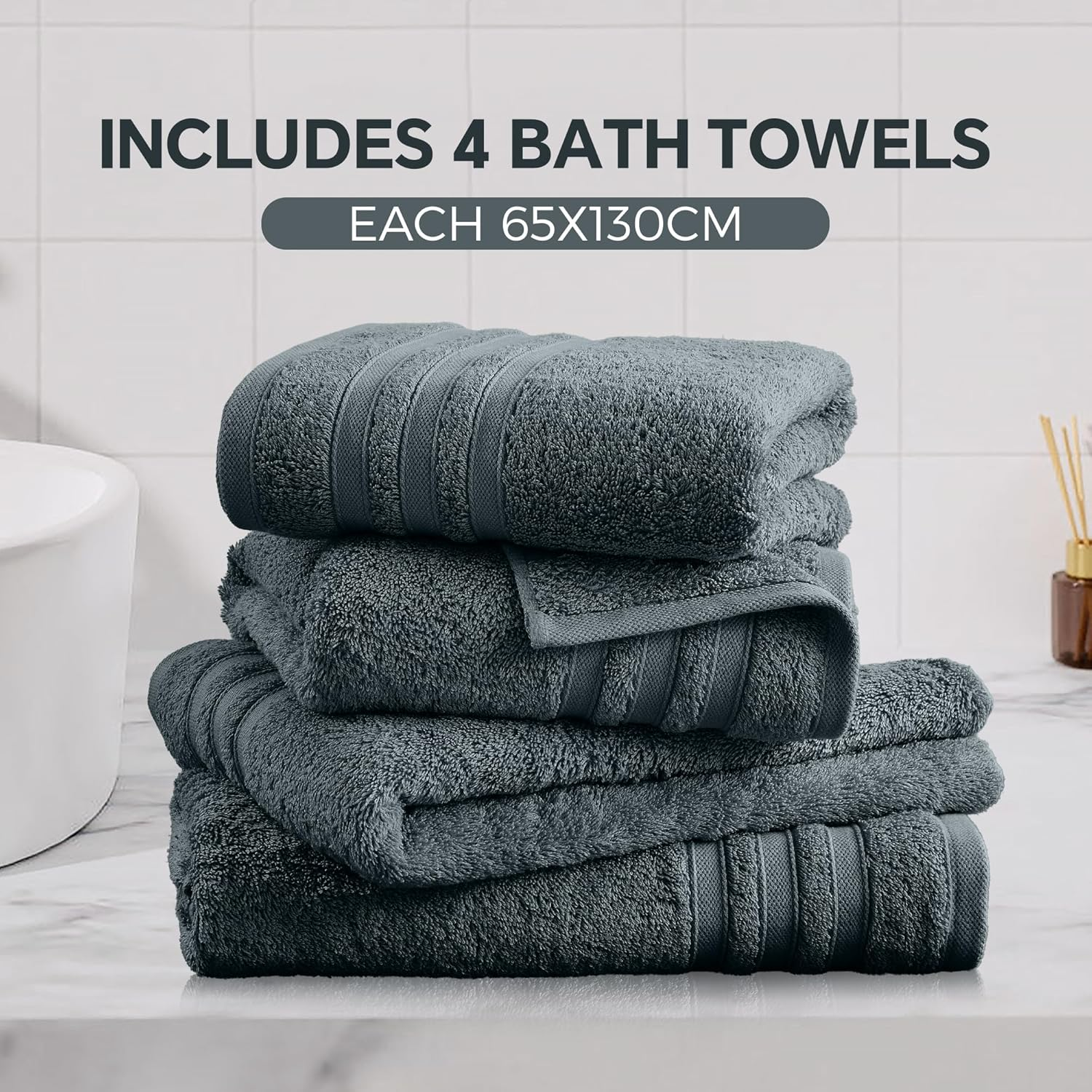 LINENOVA 100% Cotton Bath Towels 4 Pack - Premium 450GSM Soft & Lightweight Towel Set, Quick Dry & Absorbent Bathroom Towels, Ideal for Hotel, Spa and Gym Use (65X130Cm, Charcoal) image number 3