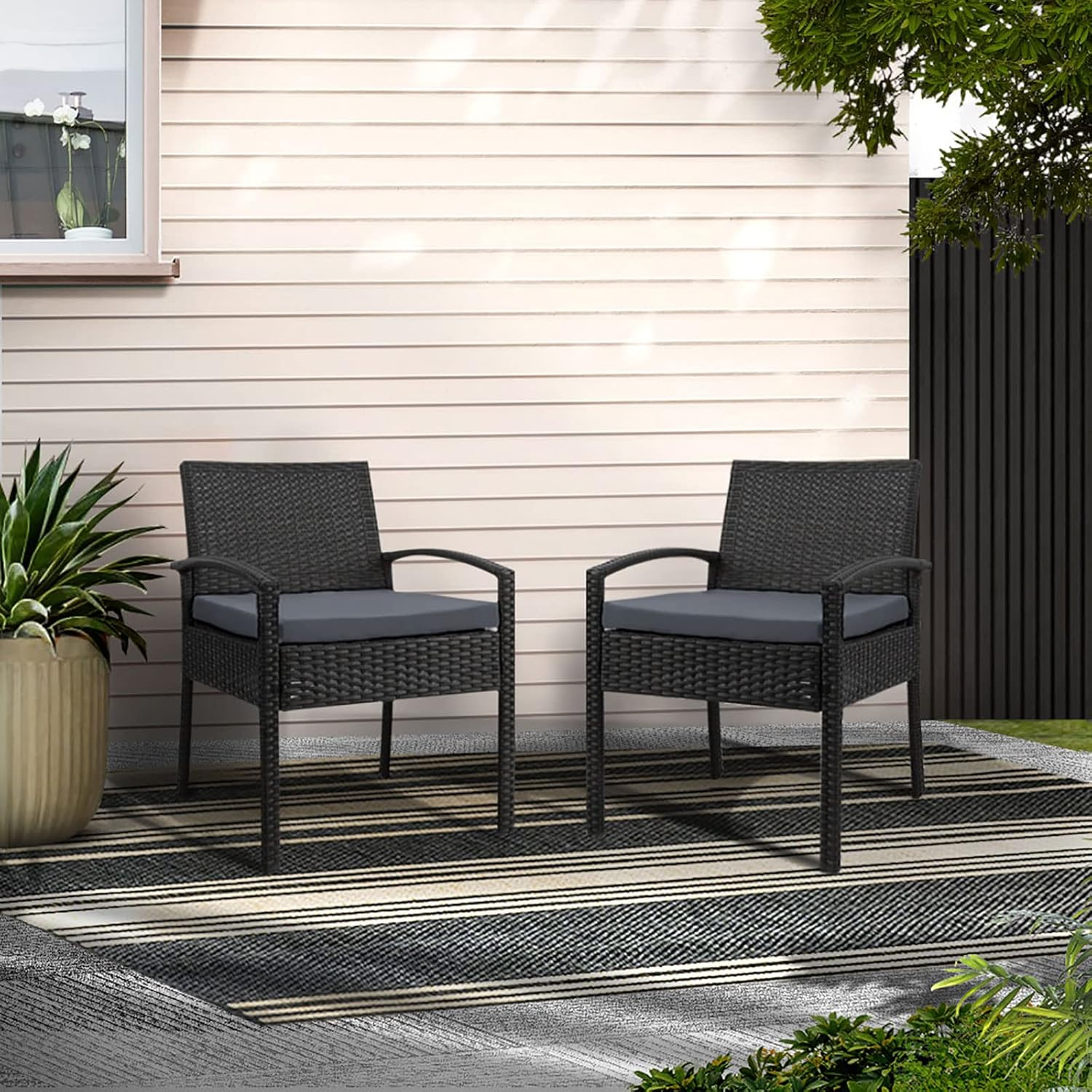 Gardeon Outdoor Dining Chairs Wicker Patio Deck Chair, Lounge Armchair Garden Furniture Seating Backyard Indoor, Cushion with Armrest Steel Rattan Black Ezra Set of 2 image number 1
