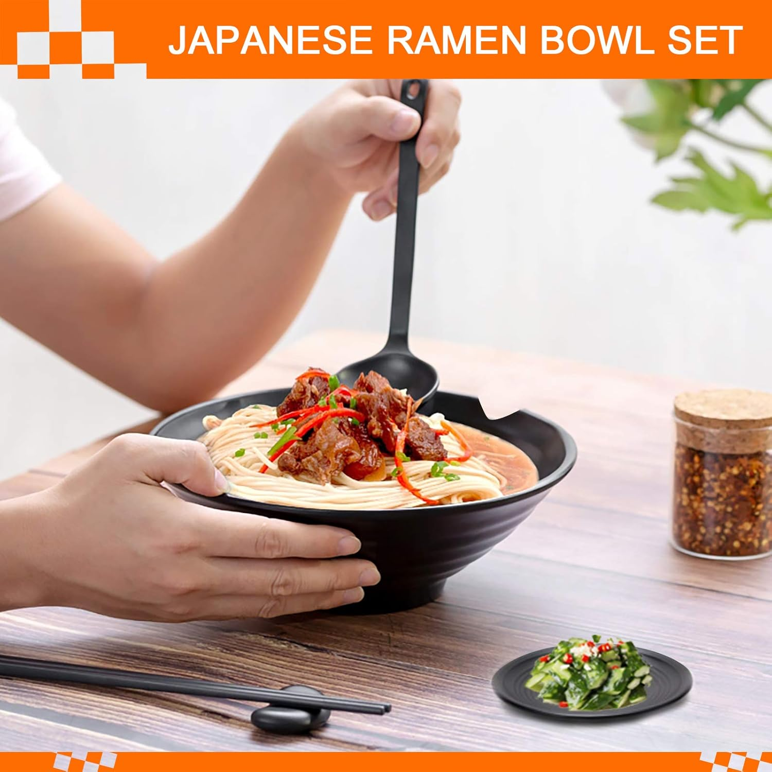 Vivimee Unbreakable Japanese Style Ramen Bowl Set of 2, 37Oz Black Large Ramen Bowls and Spoons Set with Chopsticks & Saucers for Pho Thai Miso Udon Soup Noodles or Asian Food, Matte Melamine Bowls image number 2