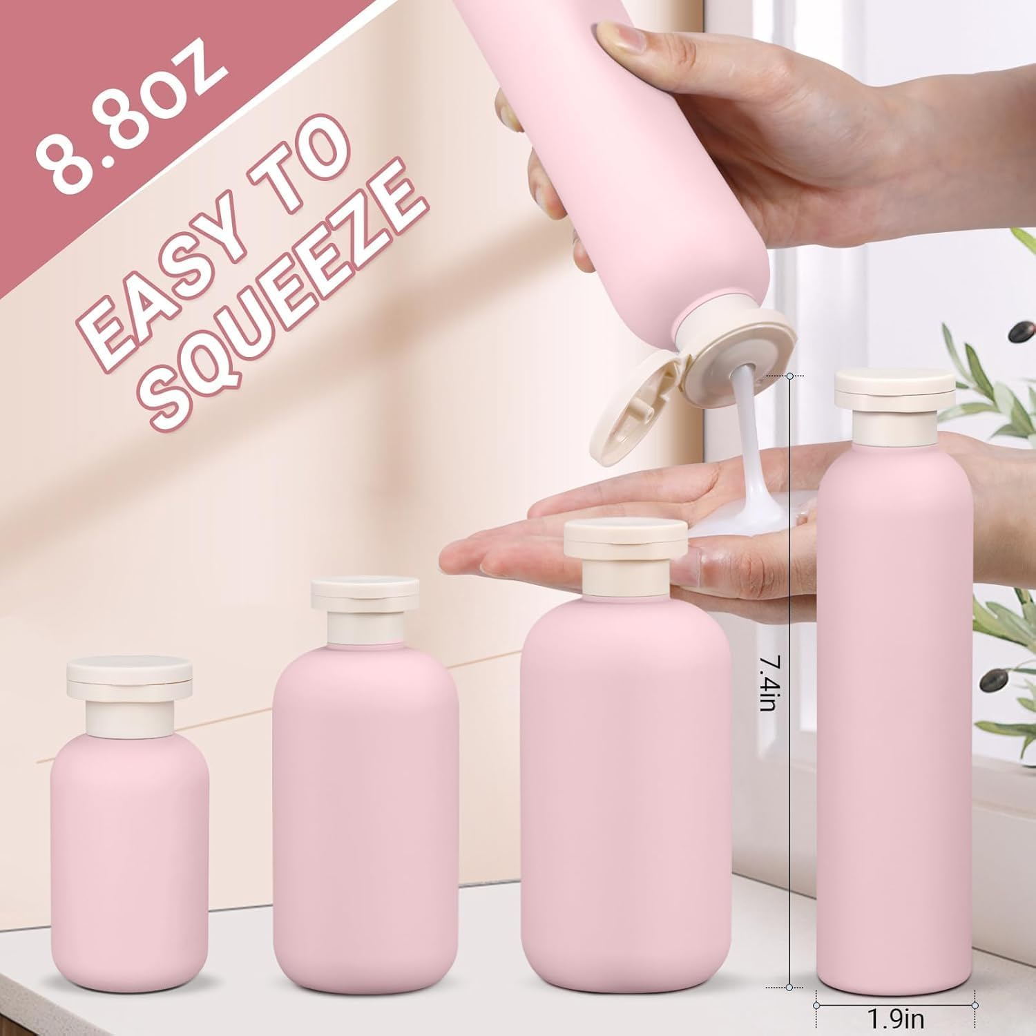 4 Pcs Plastic Large Squeeze Bottles with Flip Cap,Refillable Containers for Lotion,Cream,Soap,Shampoo Leak Proof Travel Shampoo Bottle (Pink, 200Ml) image number 4