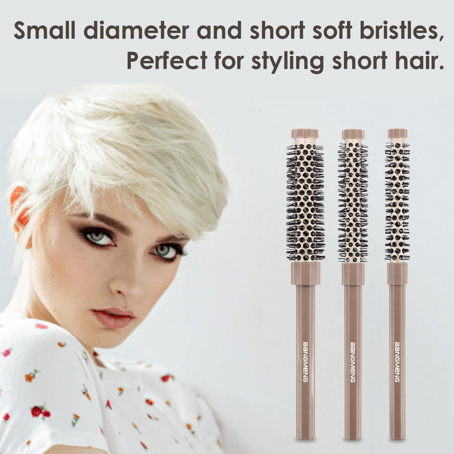 BANGMENG 3 Pieces Small round Brush Set, 3/7 1/2 5/8 Inch Barrel Hairbrush for Blow Drying, Soft Bristles Style Volumize Hair Brush for Women Men Short Hair, Bangs, Roots, Curling, Straight