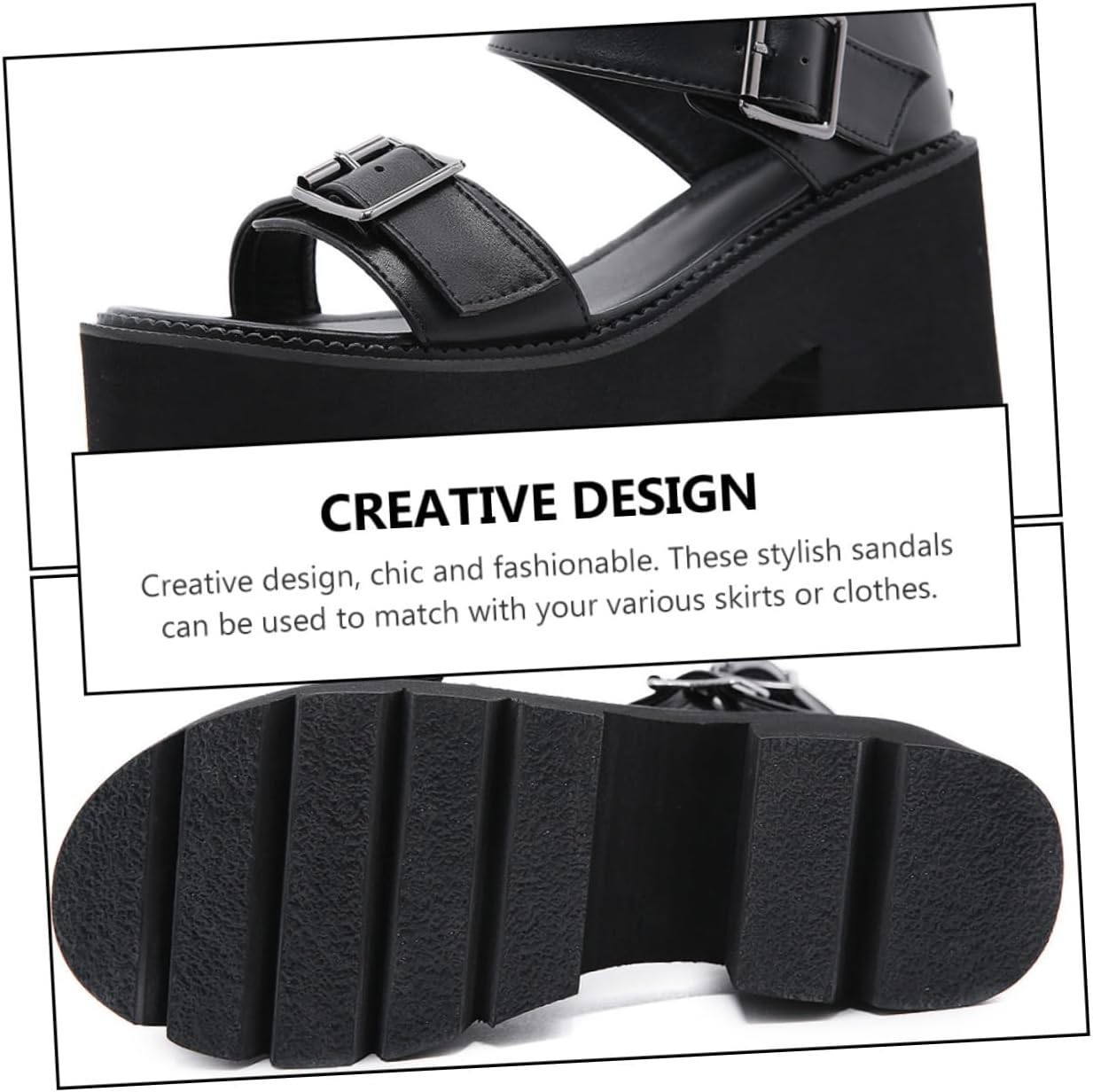 Healeved Women&rsquo;S Black Thick Sole Platform Sandals, Summer Chunky Heel Roman Style Footwear, Size 37, Cut-Out Design for Nightclub and Casual Wear image number 2