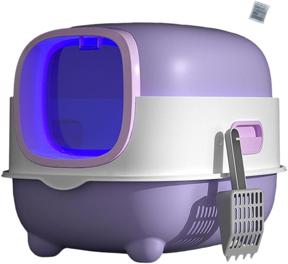 Cat Litter Box with Lid and Scoop UV Sterilization and Deodorization, Easy to Clean and Splash-Proof Detachable Cat Litter Tray with Hood for Medium and Small Cats 55X38X36Cm (Purple) image number 4