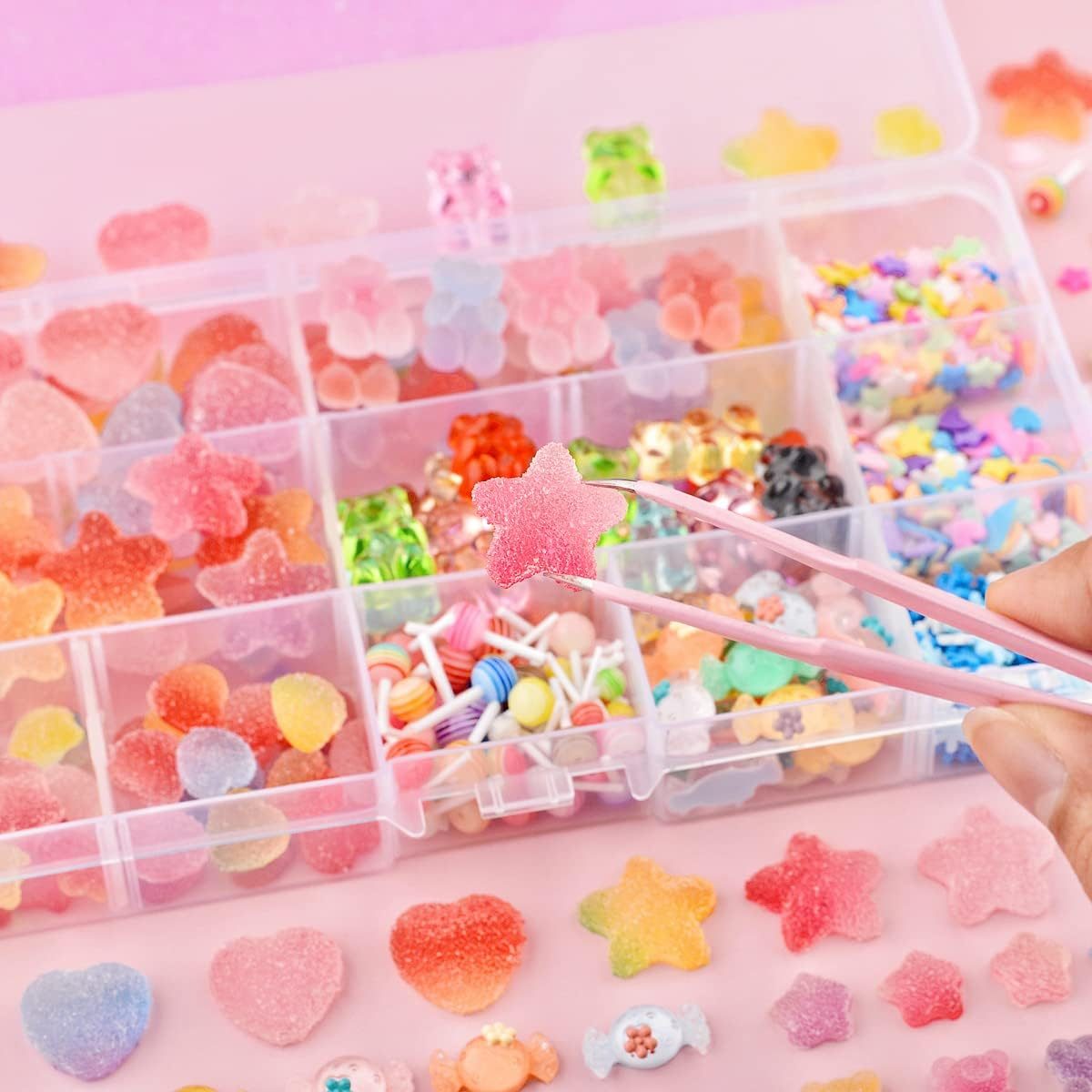 Edittime 200PCS Kawaii Colorful Resin Acrylic 3D Gummy Bear Multi-Sized Heart Star Nail Charms with 300PCS Snowflake Heart Star Slice (Multicolor5) - Multicolor5 image number 2