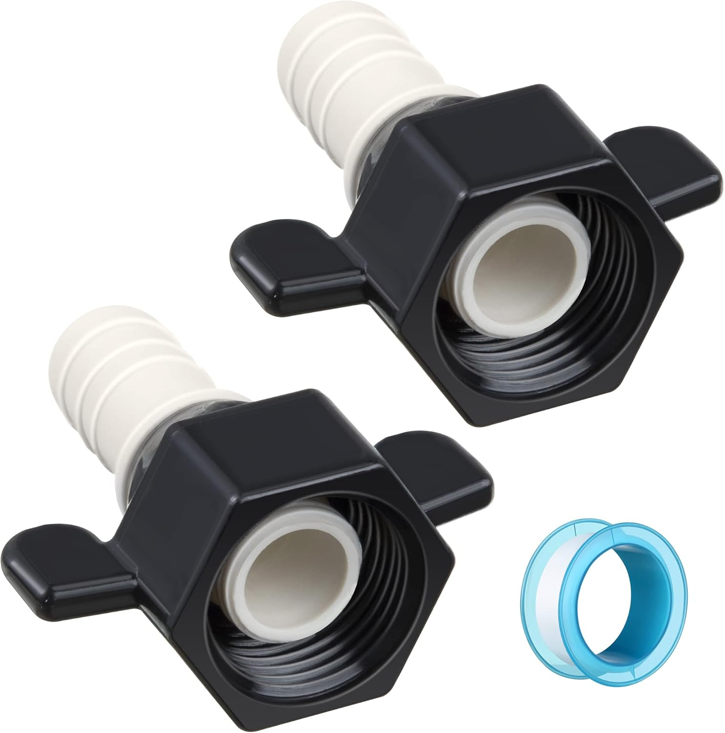 Dreyoo 1/2 Inch X 14 NPT X 1/2 Inch Barb Elbow and Straight Swivel Adapter RV Water Pump Fittings with Thread Seal Tape, 1/2 Inch Female Threaded Pex Fittings for Water Pump Strainer (Elbow)