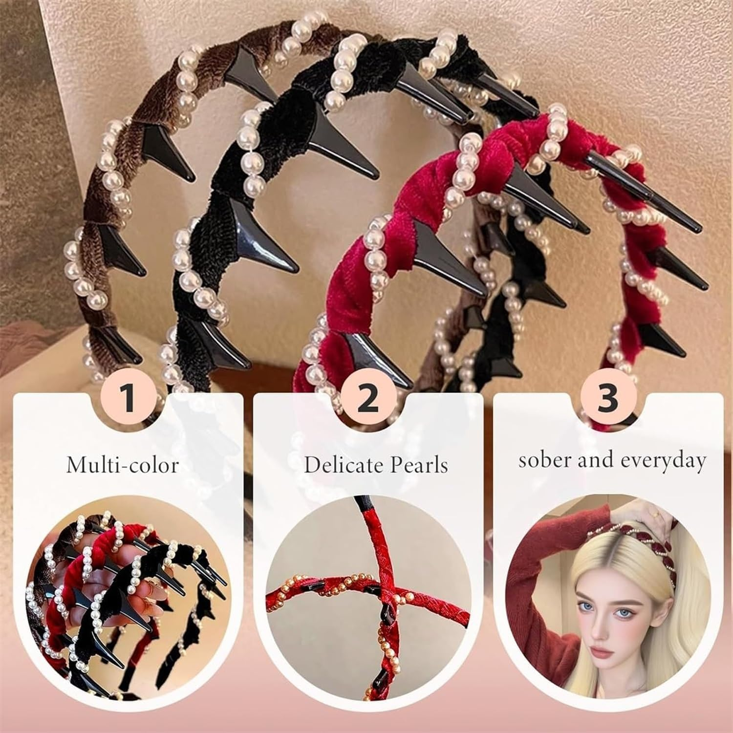 Regulatem/Watchatest Retro High Skull Pearl Headband Set, Vintage Cranium Artificial Pearl Hairband, Reversible Zig Zag Headband, Rhinestones Hair Accessories for Parties and Daily(4Pcs-D)