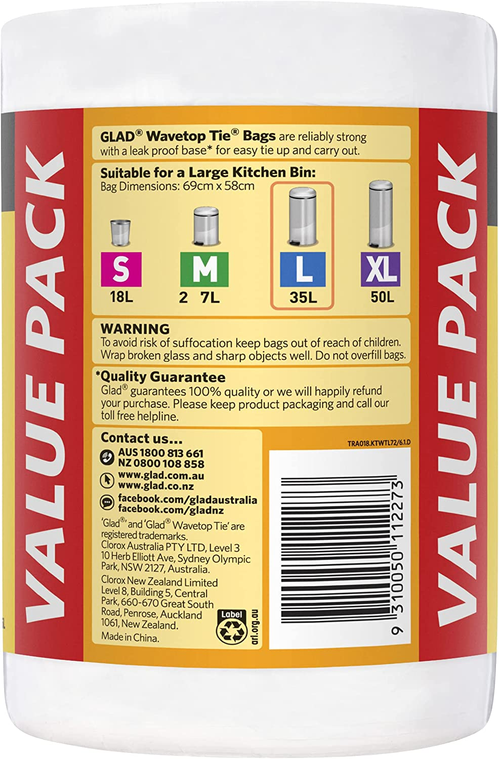 Glad Wavetop Tie Kitchen Tidy Bags, 72 Large Garbage Bags, Large Size Fits 35L Bin, 72 Count image number 1