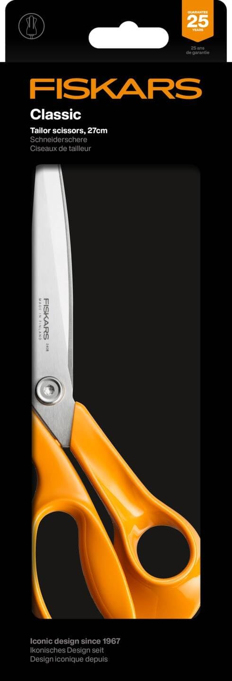 Fiskars Classic 1075056 Right-Handed Dressmaking Scissors, Total Length: 27.5 Cm, Improved Torx Screw and Ergonomic Handle, Quality Steel/Plastic, Orange